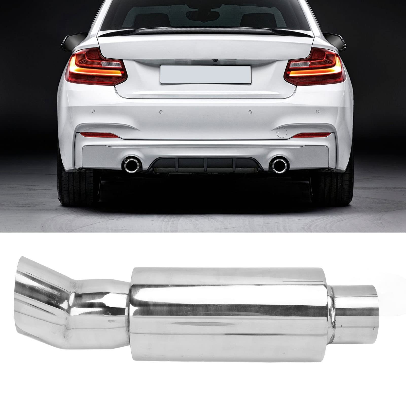 Tbest Auto-uitlaatdemper, 57 Mm Uitlaatdemper met Dubbele Uitlaat voor DTM-stijl Roestvrij Staal Zilver Universeel voor Auto