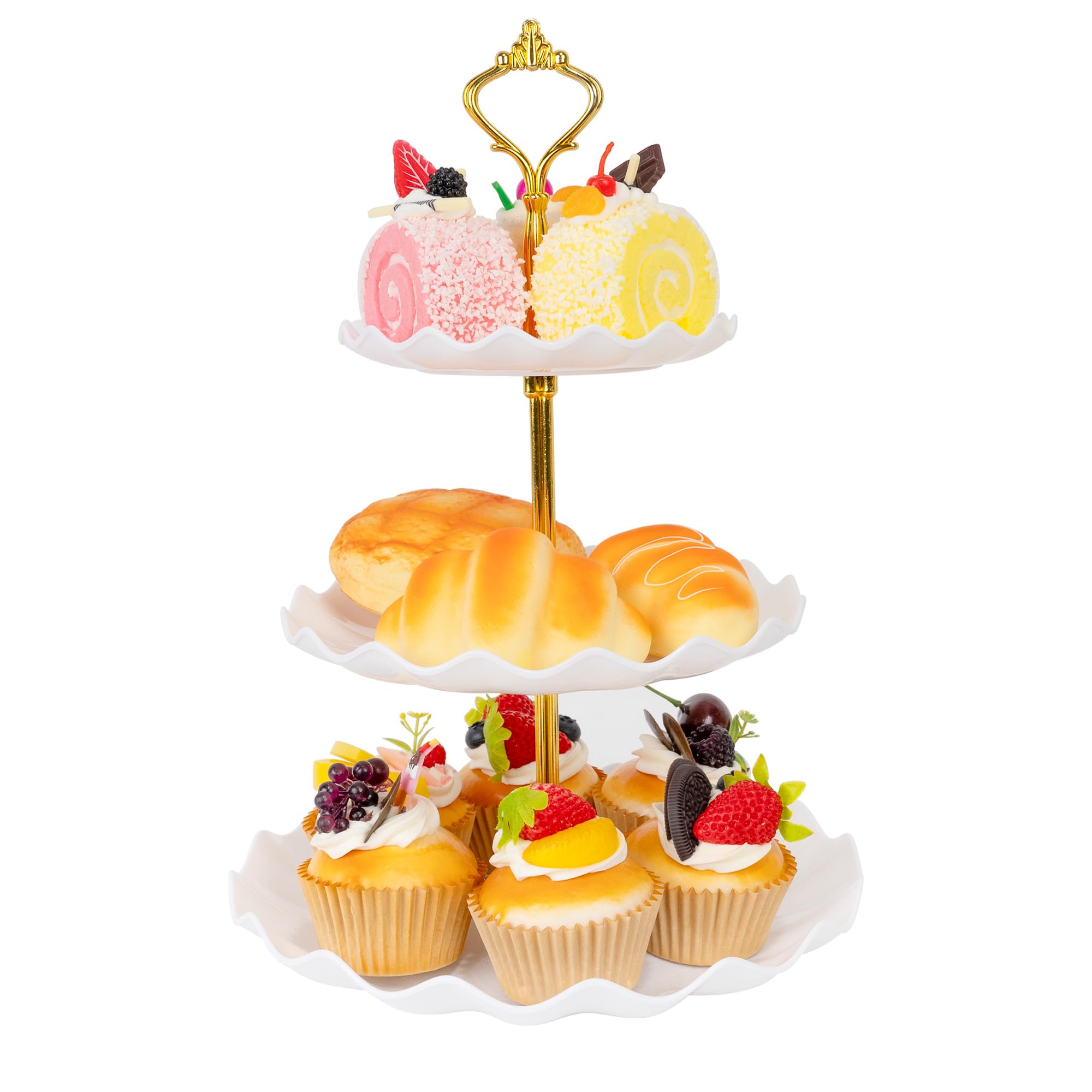 Plastic Tiered Serving Tray, 3 Tier Cake Stand Cupcake Holder with Metal Rod, Cake Stand Round Display for Cakes Fruit Cookie Candy, Reusable Dessert Tower Tray for Birthday Wedding Party （White）