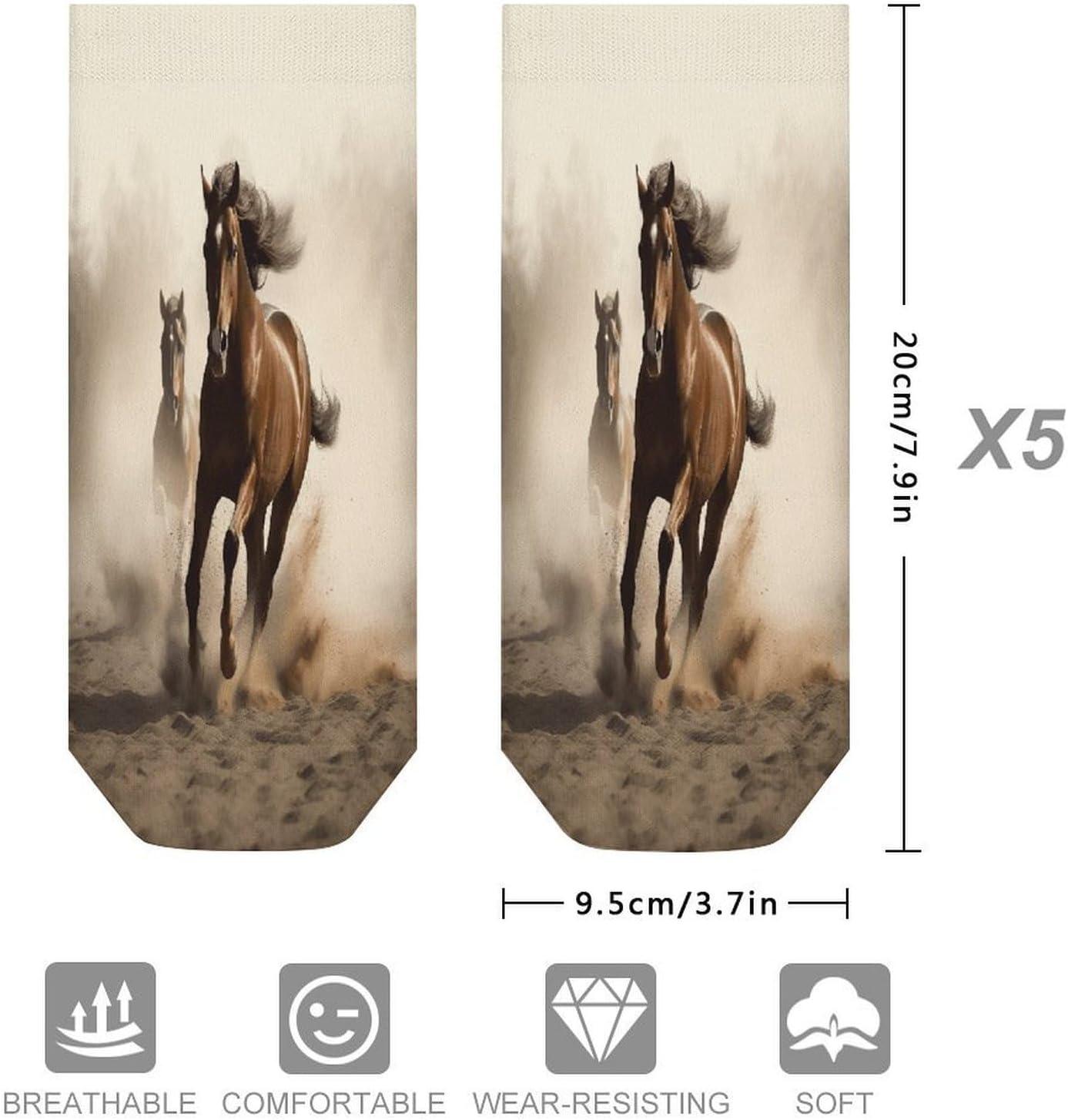 Socks for Men Women 5 Pairs Short Ankle Socks | Animals Horse Running Low Cut Casual Crew Sock Cute Breathable Athletic Socks Non Slip No Show Sock