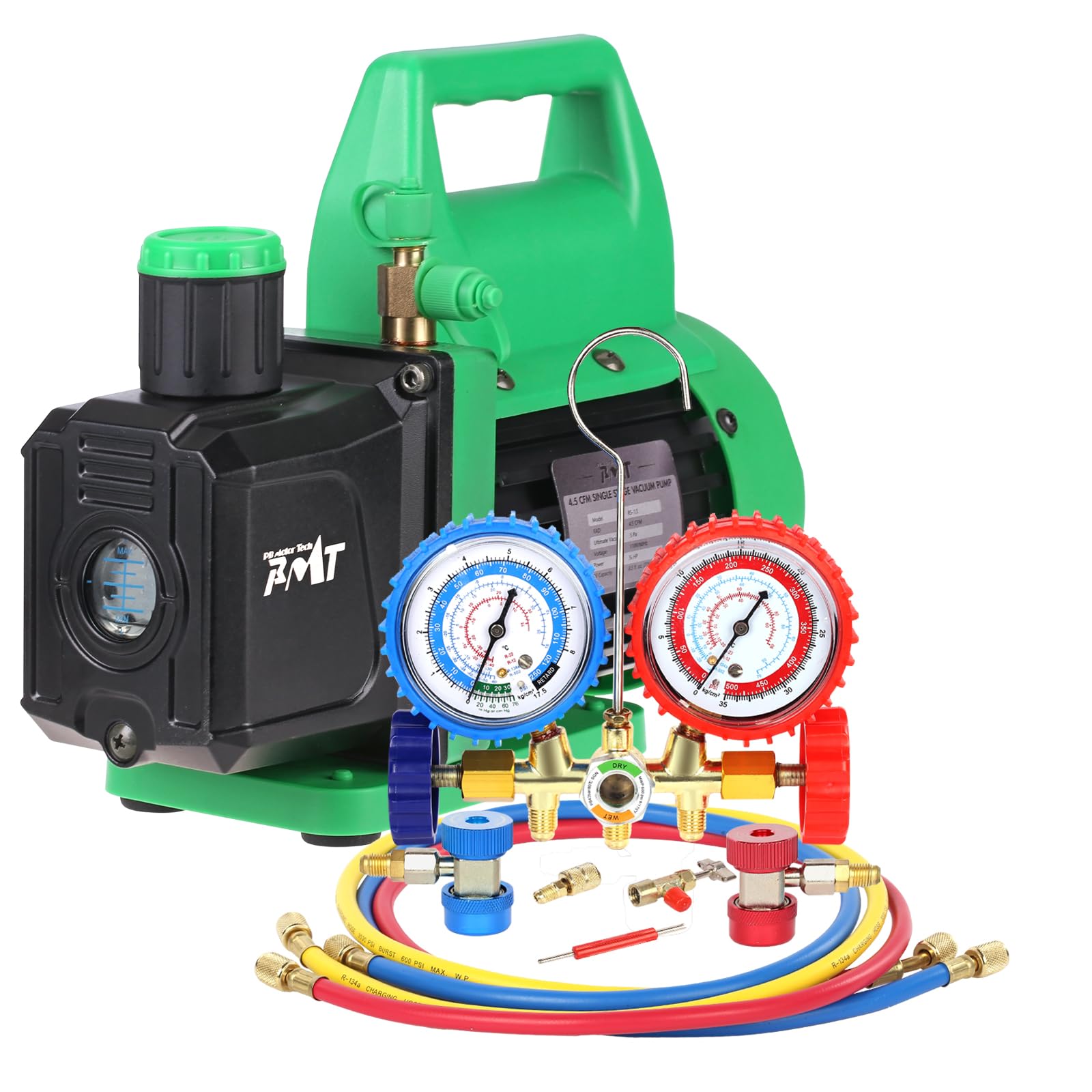 Photo 1 of PB Motor Tech Vacuum Pump & Gauge Set, 4.5 CFM Pump w/Brass Manifold Gauge, Quick Couplers, 410 Adapter, Can Tap & Valve Core Tool, For R134A, R12, R22, R502 Refrigerants & AC Maintenance