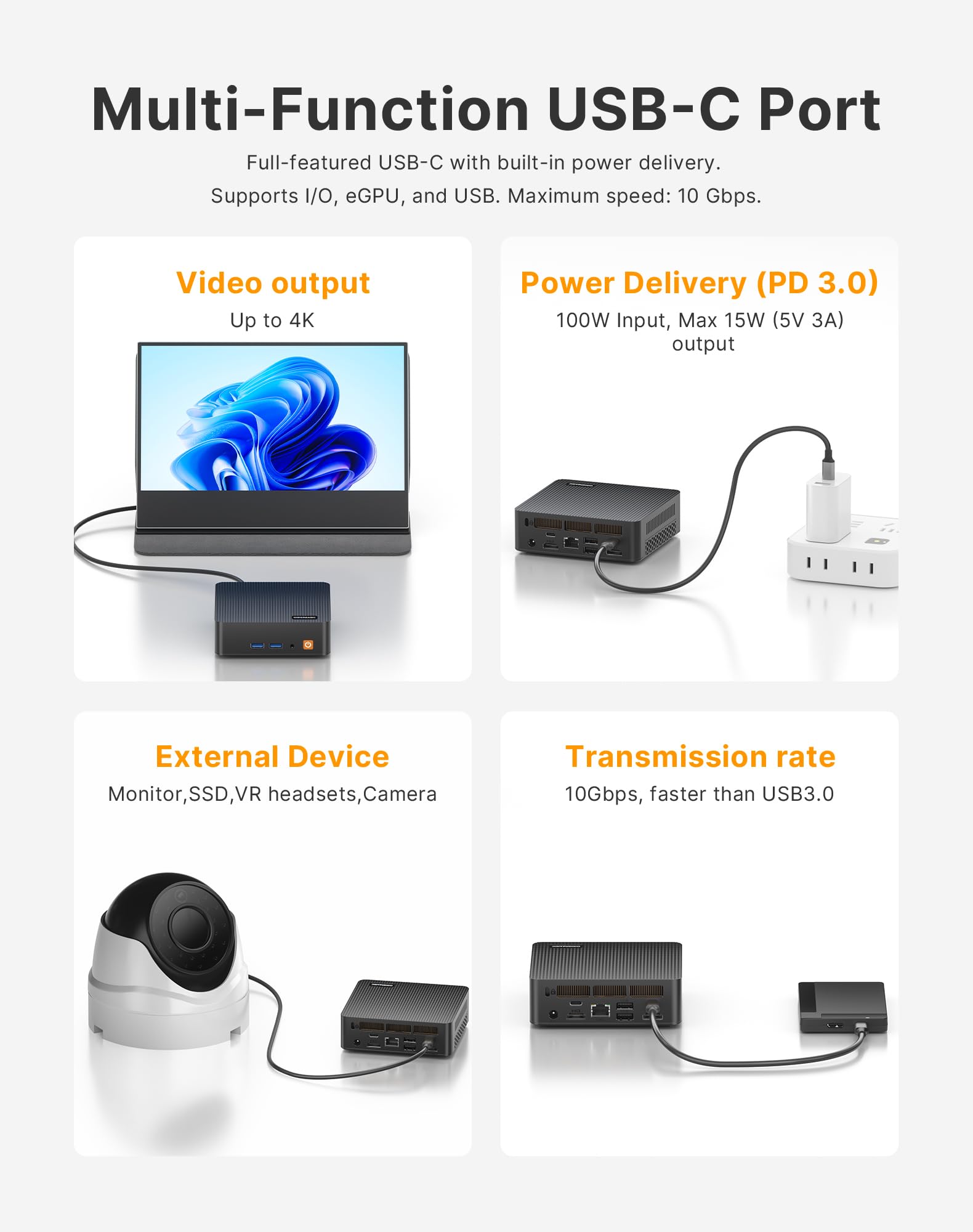 Mini PC C5 Ryzen 5 3500U 8GB RAM DDR4 256GB SSD Ordinateur de Bureau Compact Triple écran 4K 60Hz