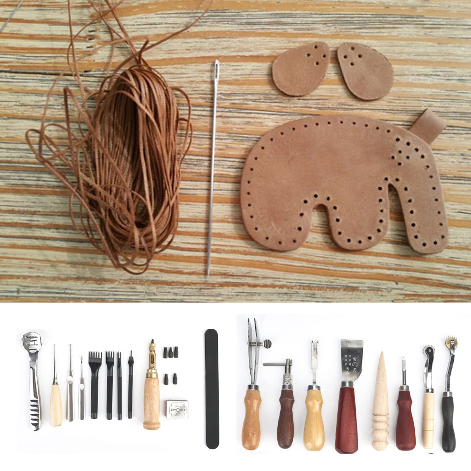 19 Piezas de Herramientas de Artesanía de Cuero, Kit de Costura de Cuero, Juego de Herramientas de Trabajo de Cuero, Herramienta de Estampado de Cuero, Juego de Cinceles de