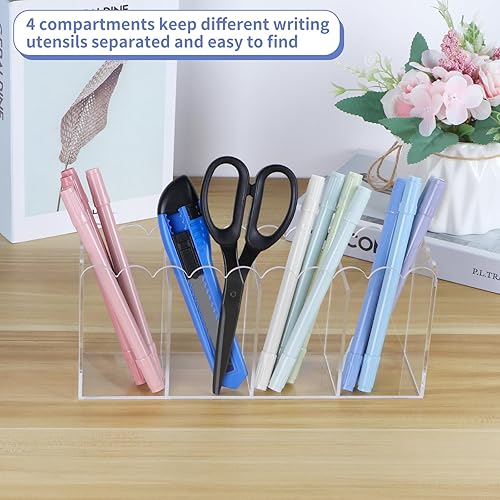Miniatura 3 de MOLIGOU Acrylic Pencil Holder, 4 Compartments Clear Pen Organizer, Desktop Pencil Holder with Petal-Shaped Edges