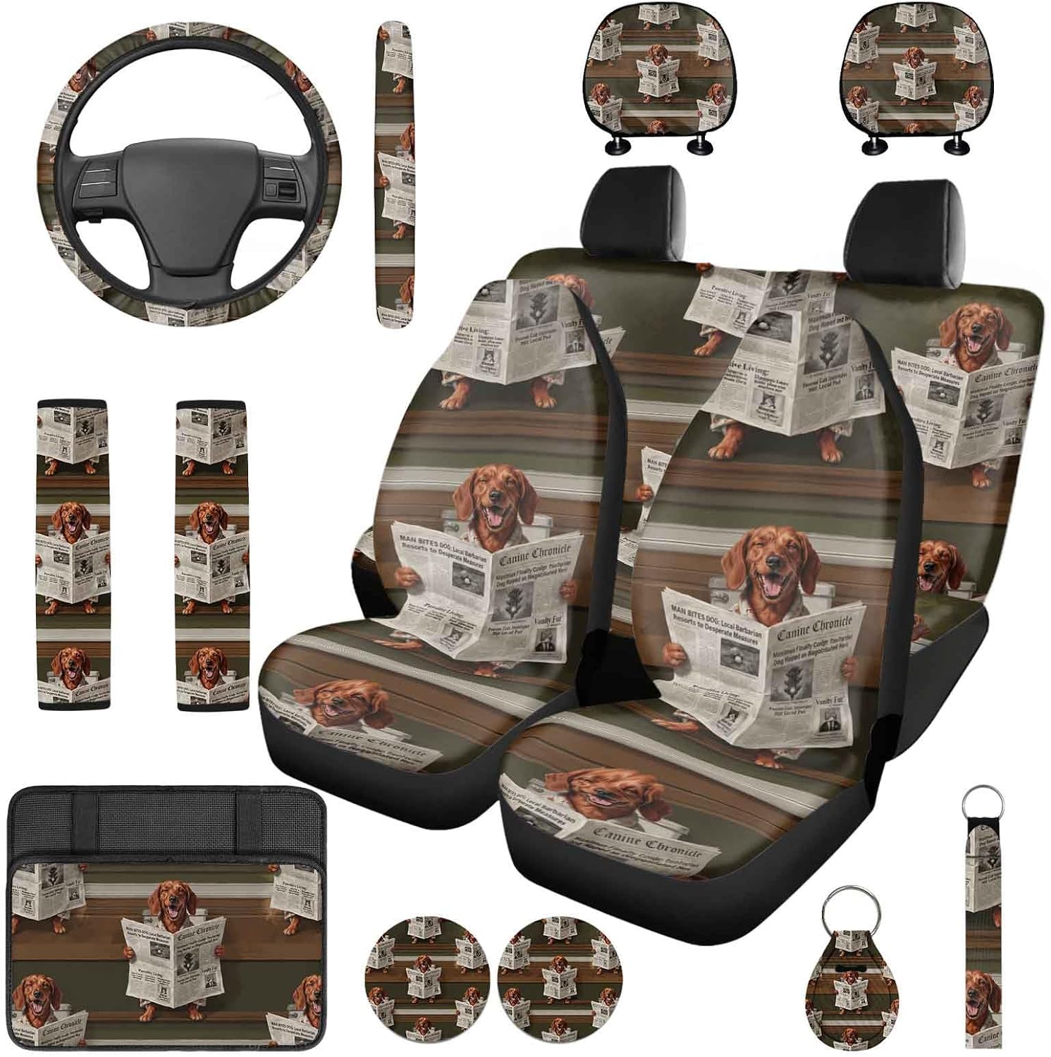 14Pcs Automobile Interior auto seat Covers Funny Dog Unisex Steering Wheel Center Console Cushion Pad Shoulder Strap Pads Seat Headrest Coasters Keychain Fit Most SUV Van Sedan Truck