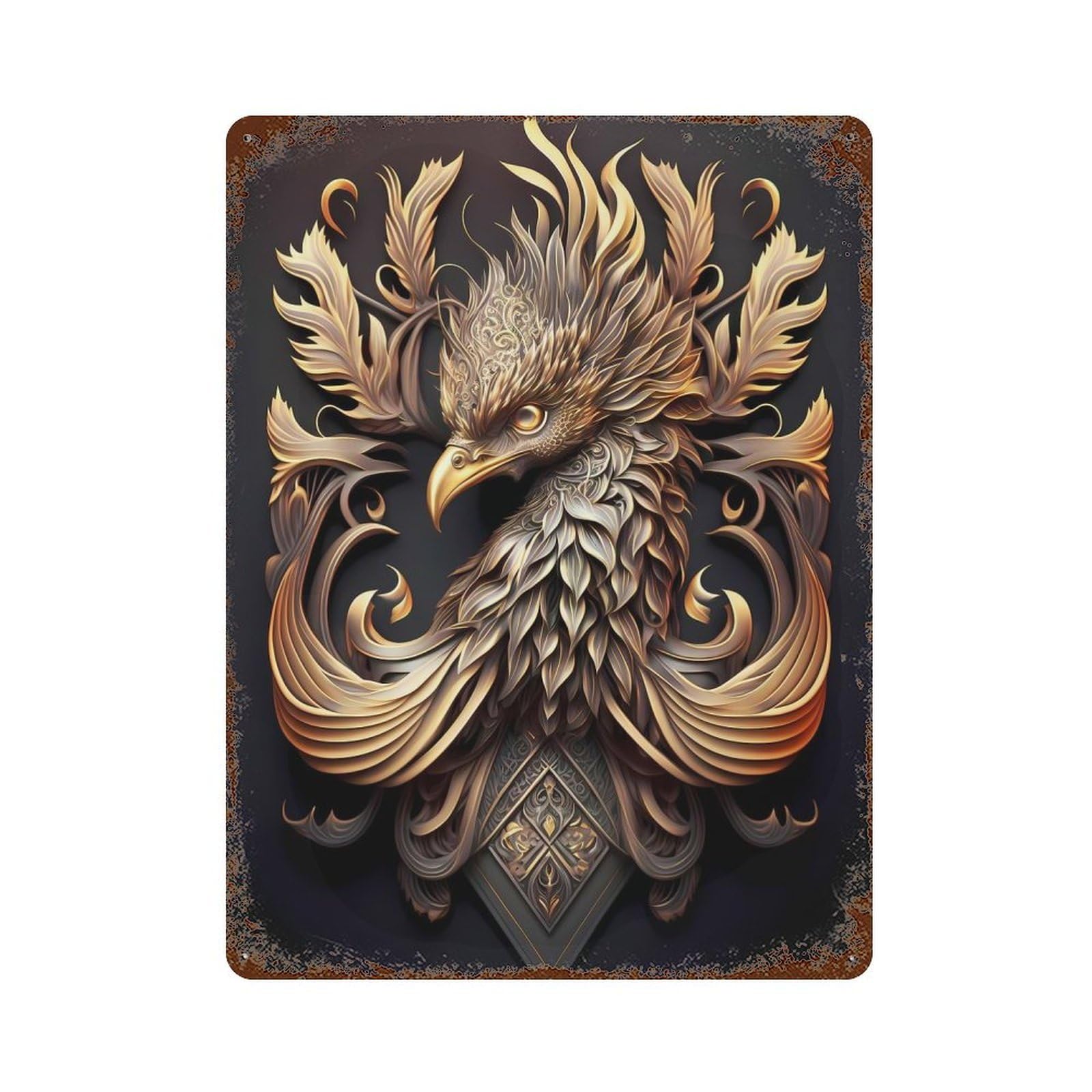 Retro Metal Sign with Flame Golden Phoenix Design 15.7"x11.8", for Shed, Workshop And Garage Wall Decor, Old School Wall Decor