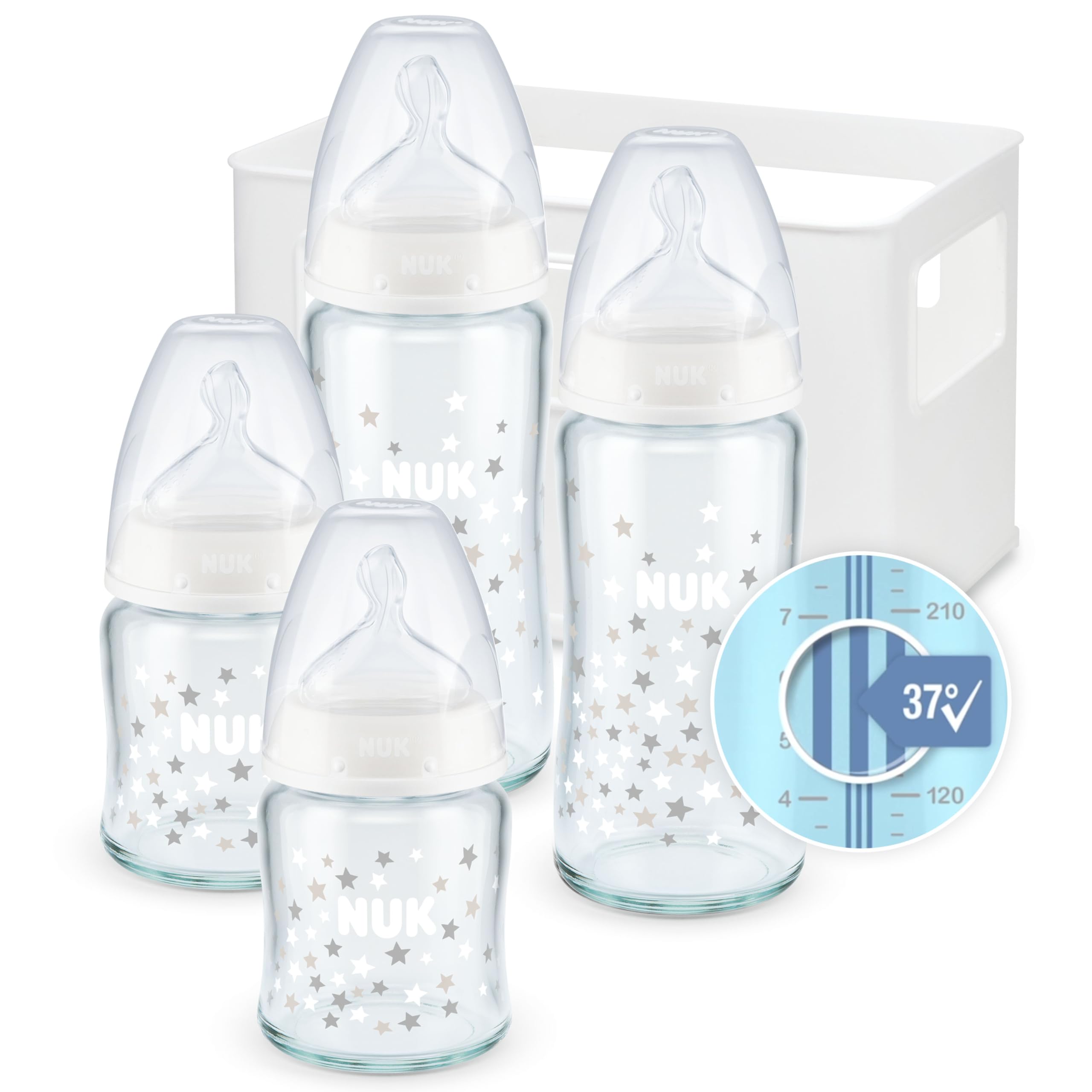 NUK First Choice+ Babyflaschen Starter Set aus Glas und Silikon | 0–6 Monate | 4 Flaschen mit Temperature Control & Flaschenbox | Anti-Colic Air System | BPA-frei | 5-teilig