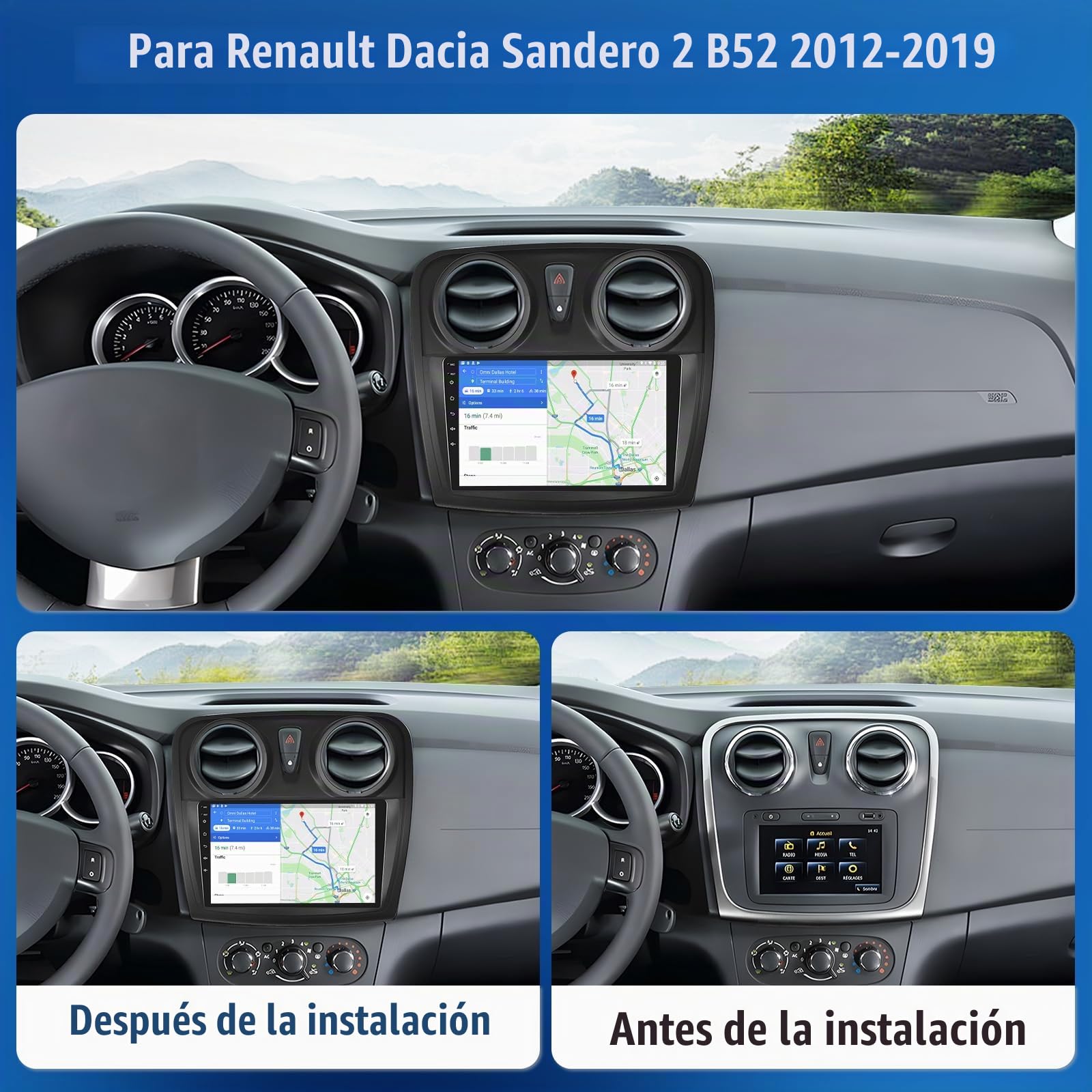 OiLiehu 4G+64G Android 13 2Din CarPlay Android Auto Radio para Renault Dacia Sandero 2 B52 2012-2019 Pantalla Radio Coche 9 Pulgadas Bluetooth GPS FM/RDS WiFi SWC EQ Camara Marcha Atras