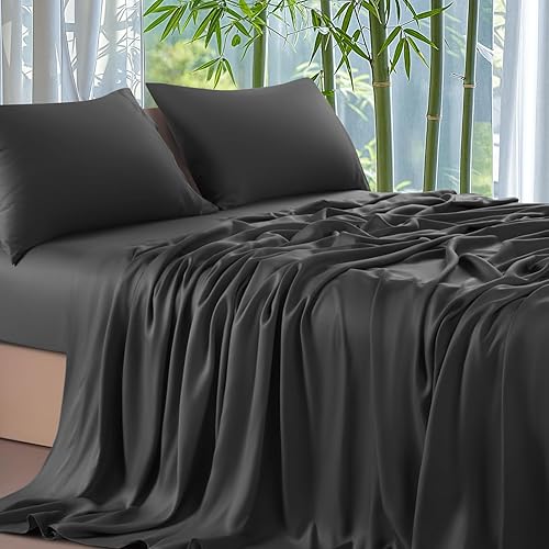 Shilucheng 100% Viscose Derived from Bamboo_ Sheets Queen Size 4pcs - Ultra Cooling & Silky Soft Bed Sheets, 16" Deep Pocket, Perfect for Hot Sleepers, Hotel Bedding Sheets (Black)