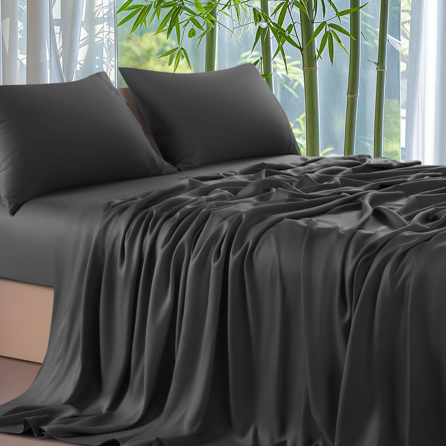 Shilucheng Set di Lenzuola Copriletto in Bambù 100% Rinfrescanti – Lenzuola Morbide a 1800 Fili, Tasca Profonda 40 cm, Traspirante, Confortevole e Resistente alle Pilling, 4 Pezzi (Pieno, Nero