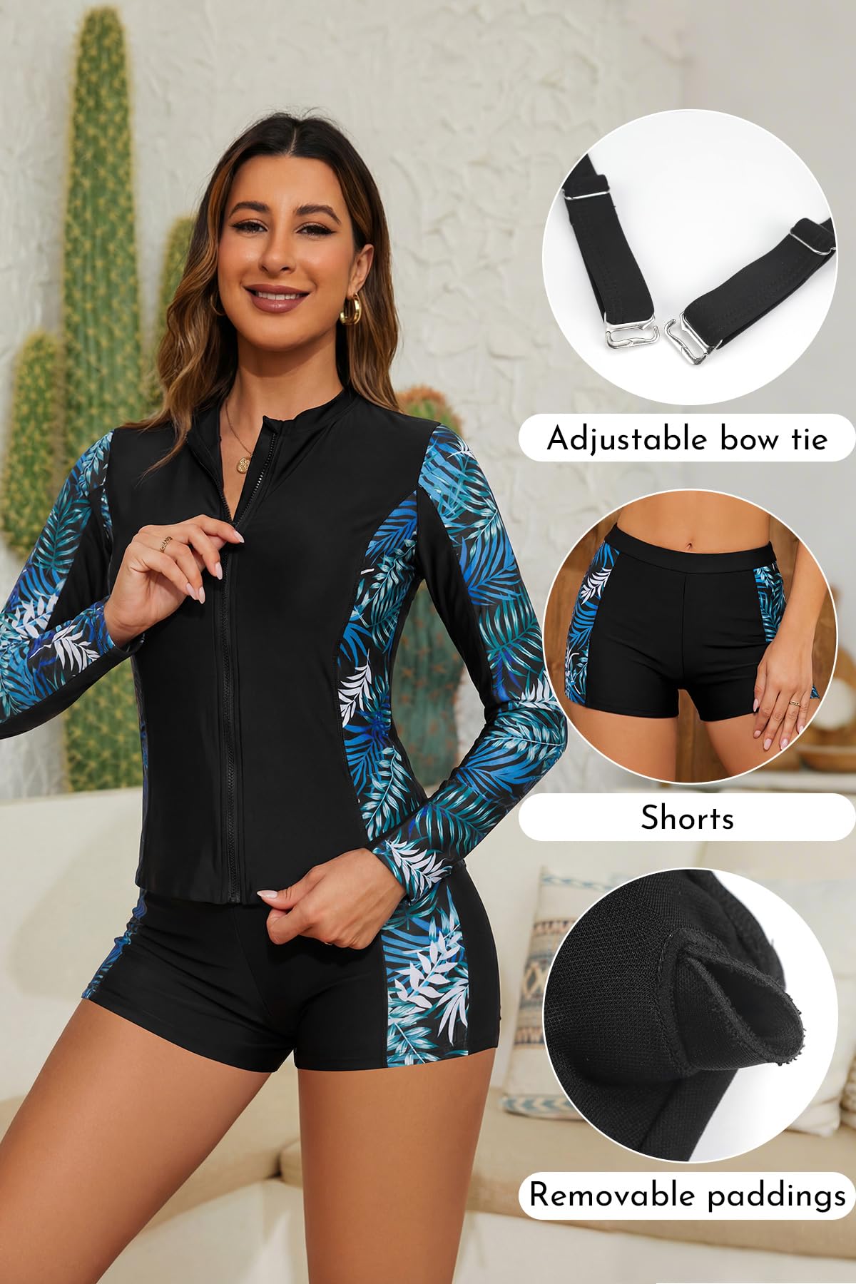 SHEKINI Rash Guard da Donna Manica Lunga 3 Pezzi Protezione UV Costumi da Bagno con Cerniera e Pantaloncini a Vita Alta Sportivo Beachwear per Nuoto e Surf