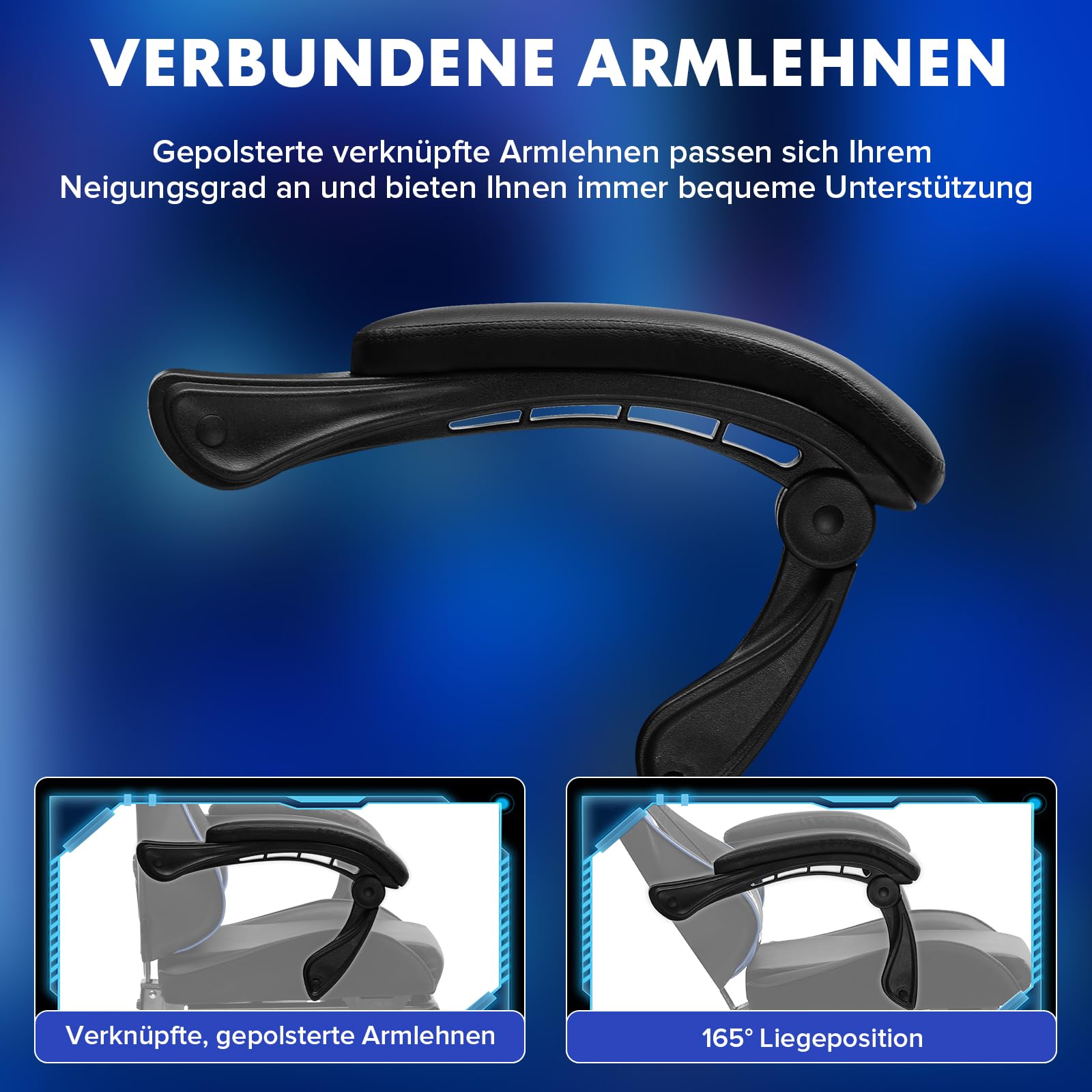 LUCKRACER Fotel gamingowy z podnóżkiem, ergonomiczny, z regulowaną poduszką lędźwiową, poduszka pod głowę, fotel gamingowy, z regulacją wysokości, obciążenie 150 kg, kolor niebieski