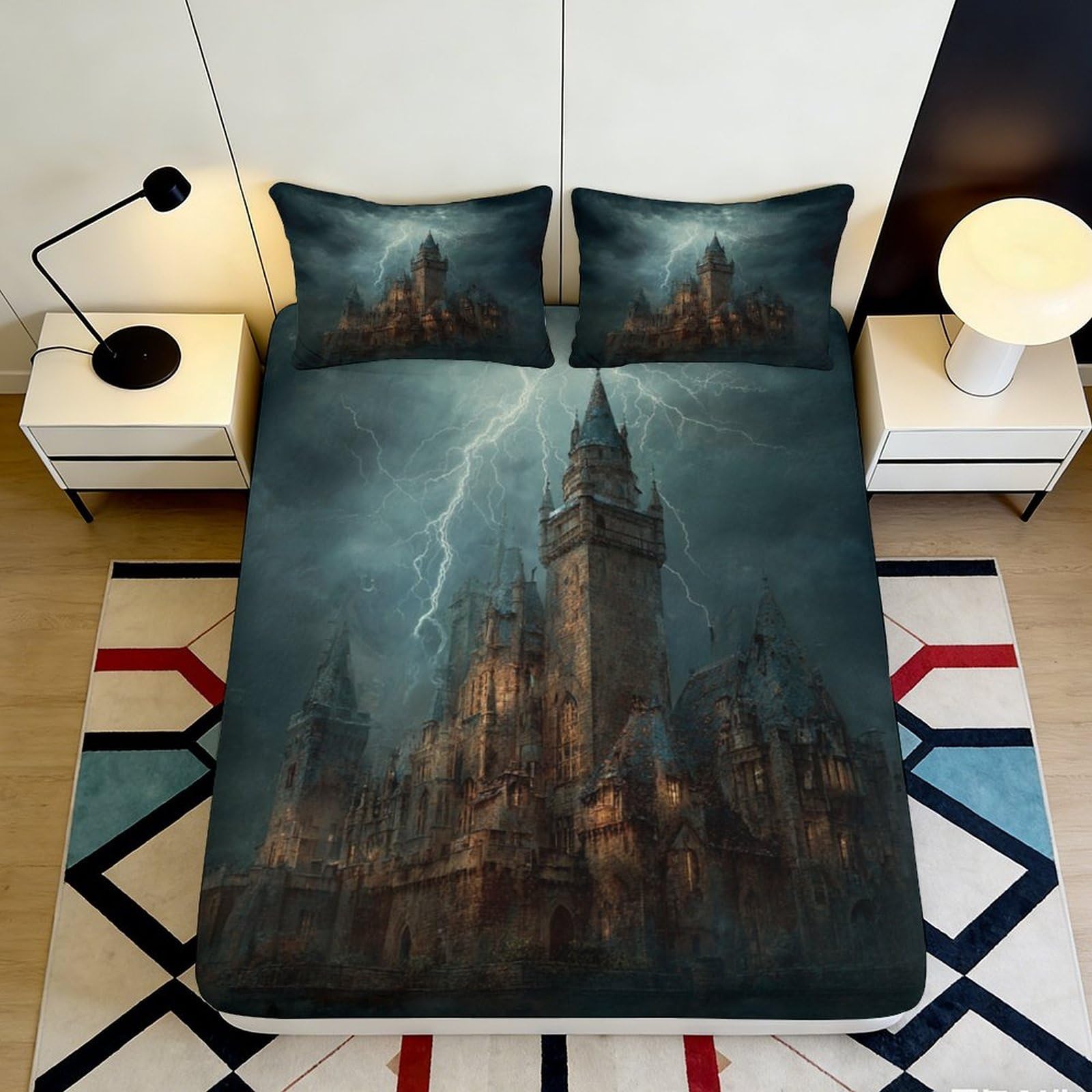 3D Printed Gothic Castle Fitted Sheet Microfiber Dark Storm Mattress Cover for Bedroom Guest Room Decor 120x200cm 90x200x25cm