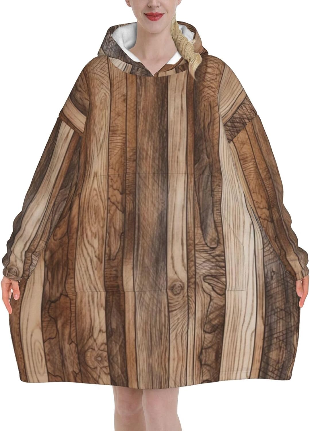 MUSM Wood Grain Print Blanket Hoodie Fleece Sweatshirt Blanket With Sleeves And Pockets