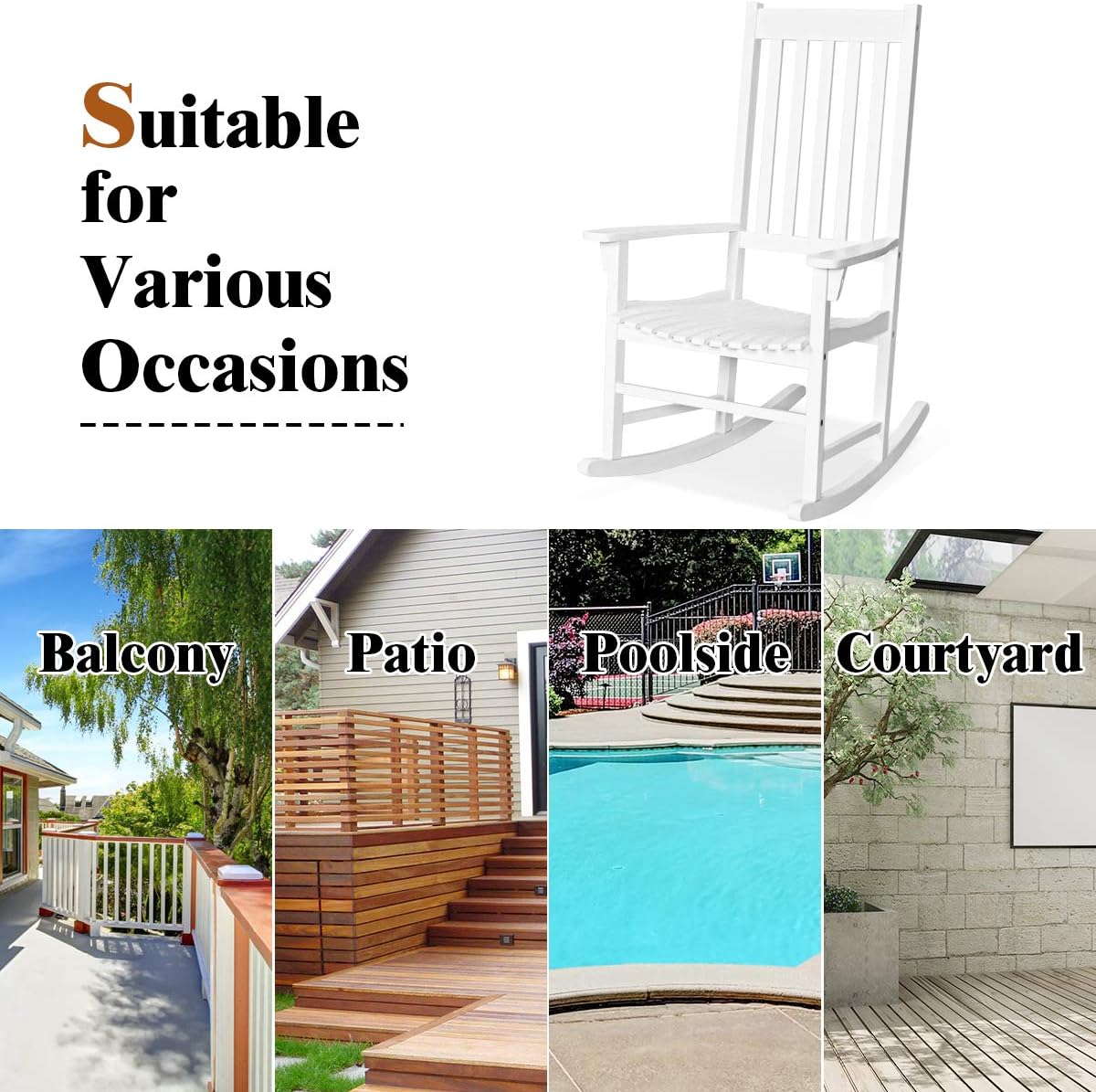 Tangkula Acacia Wood Porch Rocking Chair, Wooden Rocking Chair Rocker with High Back & Armrest for Indoor Outdoor Use, Patio Rocker for Garden Lawn Balcony Backyard Poolside (1, White)