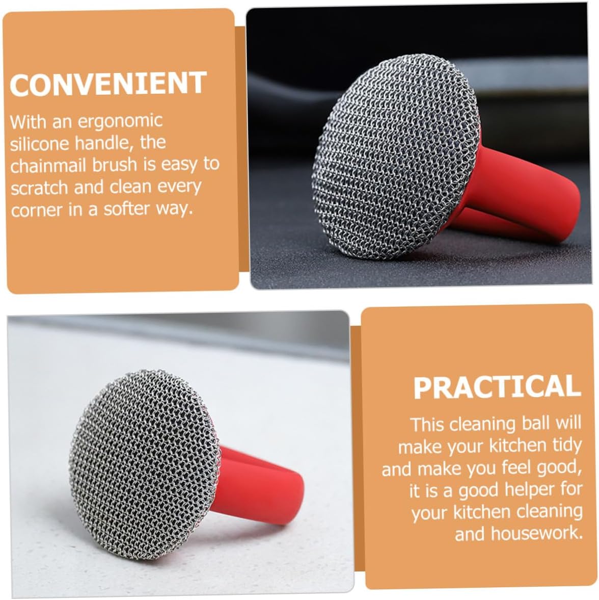 Stainless Steel Pot Scrubber with Long Handle Rings Welded Mesh Pan Brush for Cast Skillet Oven Cleaning Slender Steel Wire Scrubber for Kitchen Utensils and Heavy-Duty Scouring