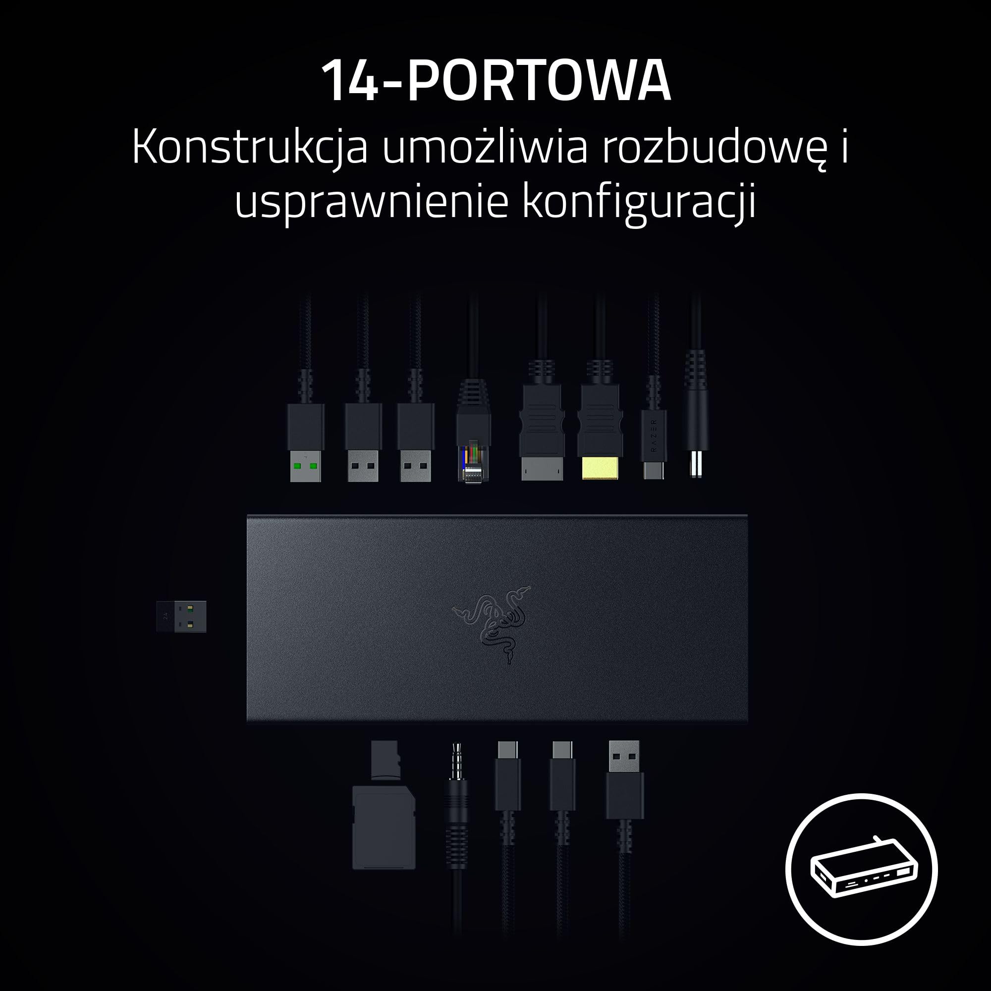 Razer USB 4 Dock - 14-portowa stacja dokująca High-Speed do gier i produktywności - obsługa dwóch wyświetlaczy, ładowanie urządzeń (3x USB-C, 5x USB-A, HDMI, DisplayPort) Czarny
