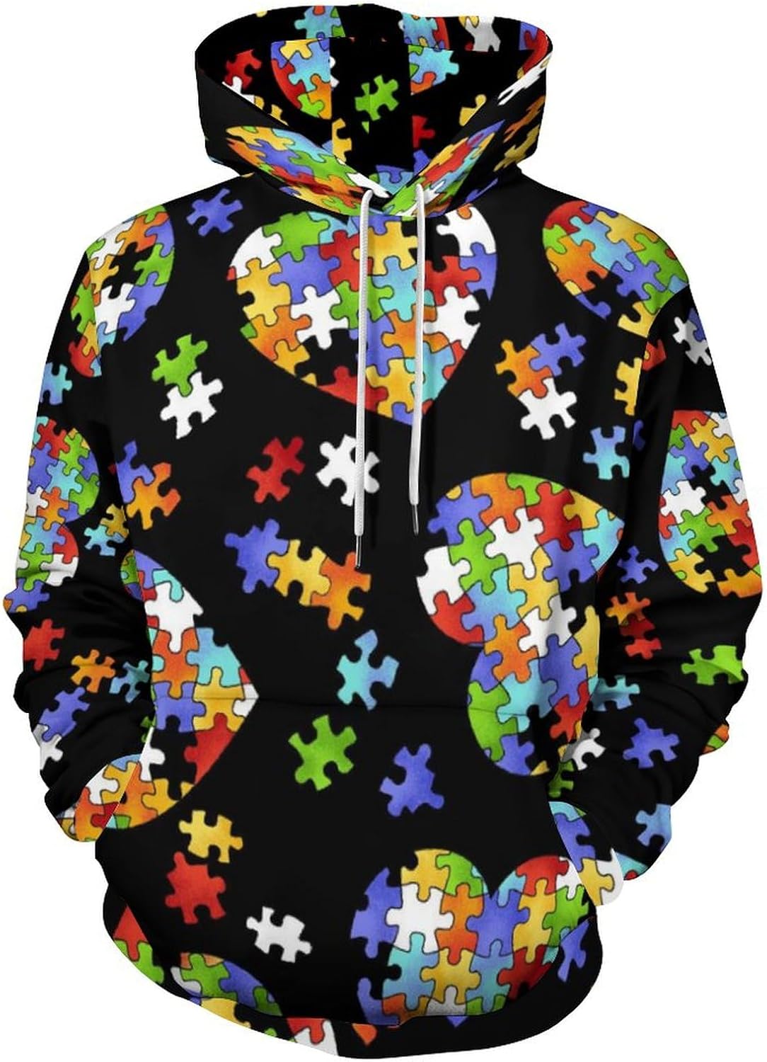 Colorful Autism Awareness Puzzle Pieces Heart Unisex Hoodie Printed Graphic Fleece Pocket Pullover Sweatshirt