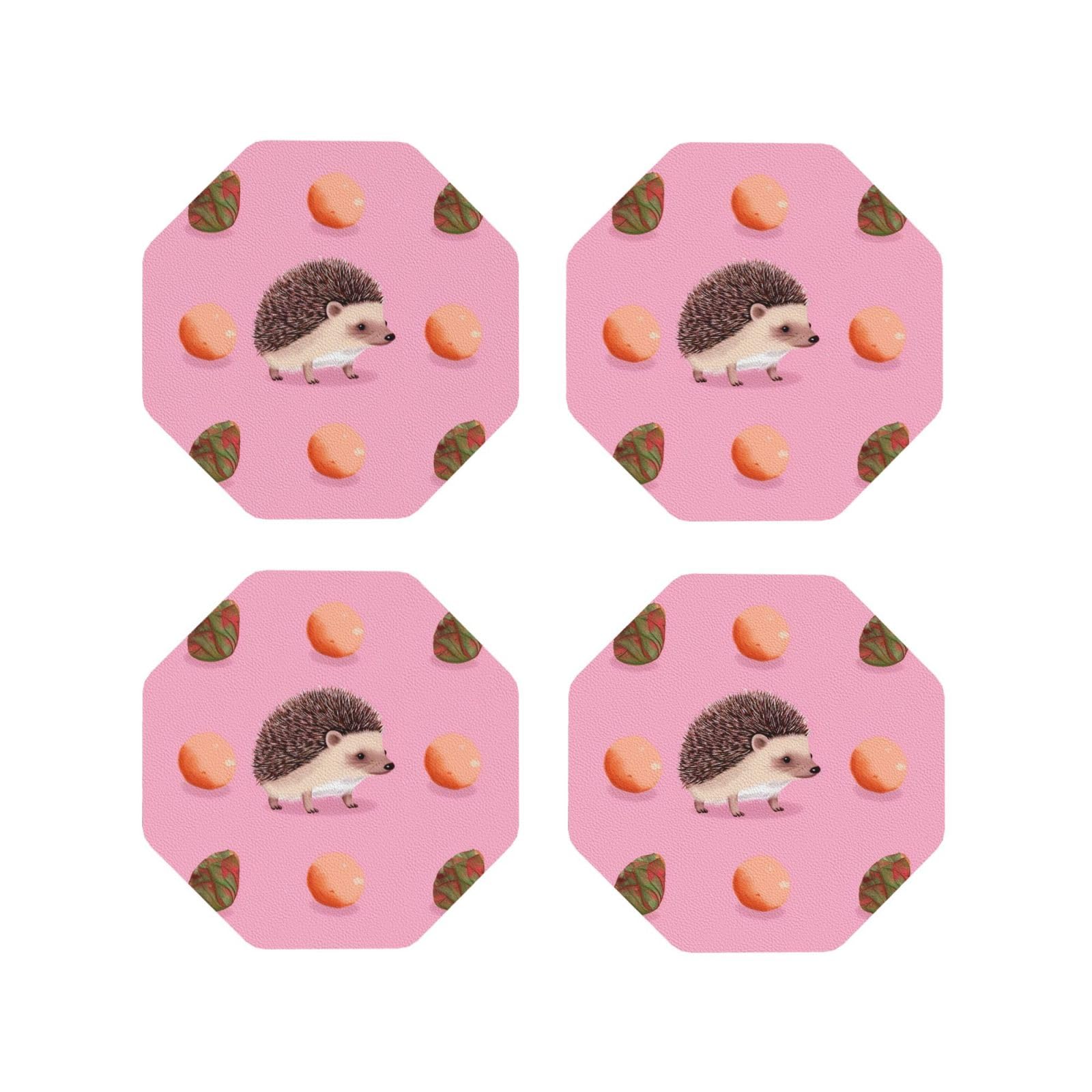 4pcs Drink Coasters for Tabletop Protection, 4" Leather Coasters for Drinks, Little Hedgehog Cup Coasters for Coffee Table Decor, Non-Slip Drinking Cup Mat for Hot Or Cold Drink