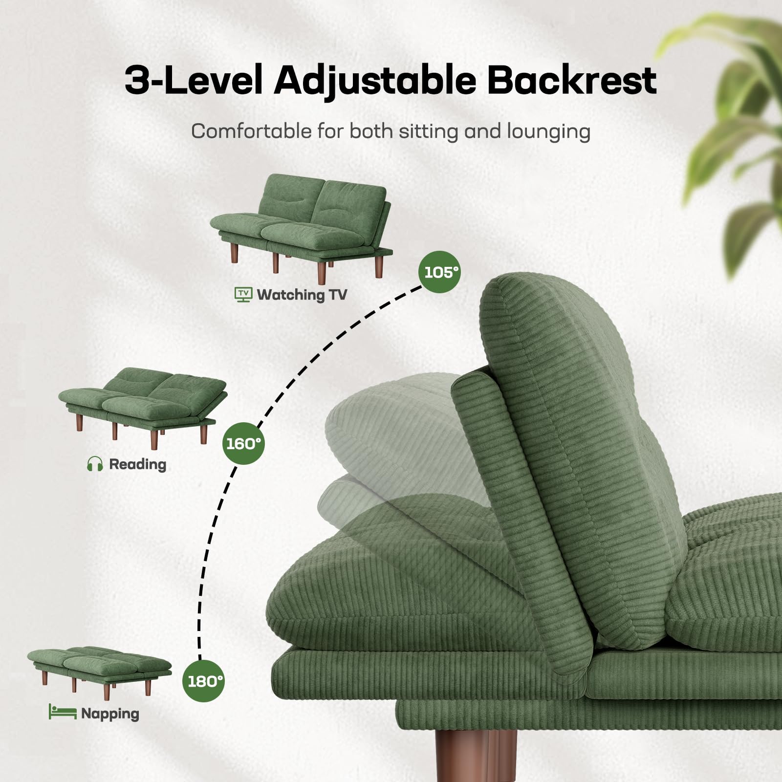 Marsail 66" Futon Sofa Bed, Futon Couch with Adjustable Backrest & Armrests, Convertible Sleeper Sofa Bed for Apartment, Living Room, Office, Corduroy Loveseat, Green