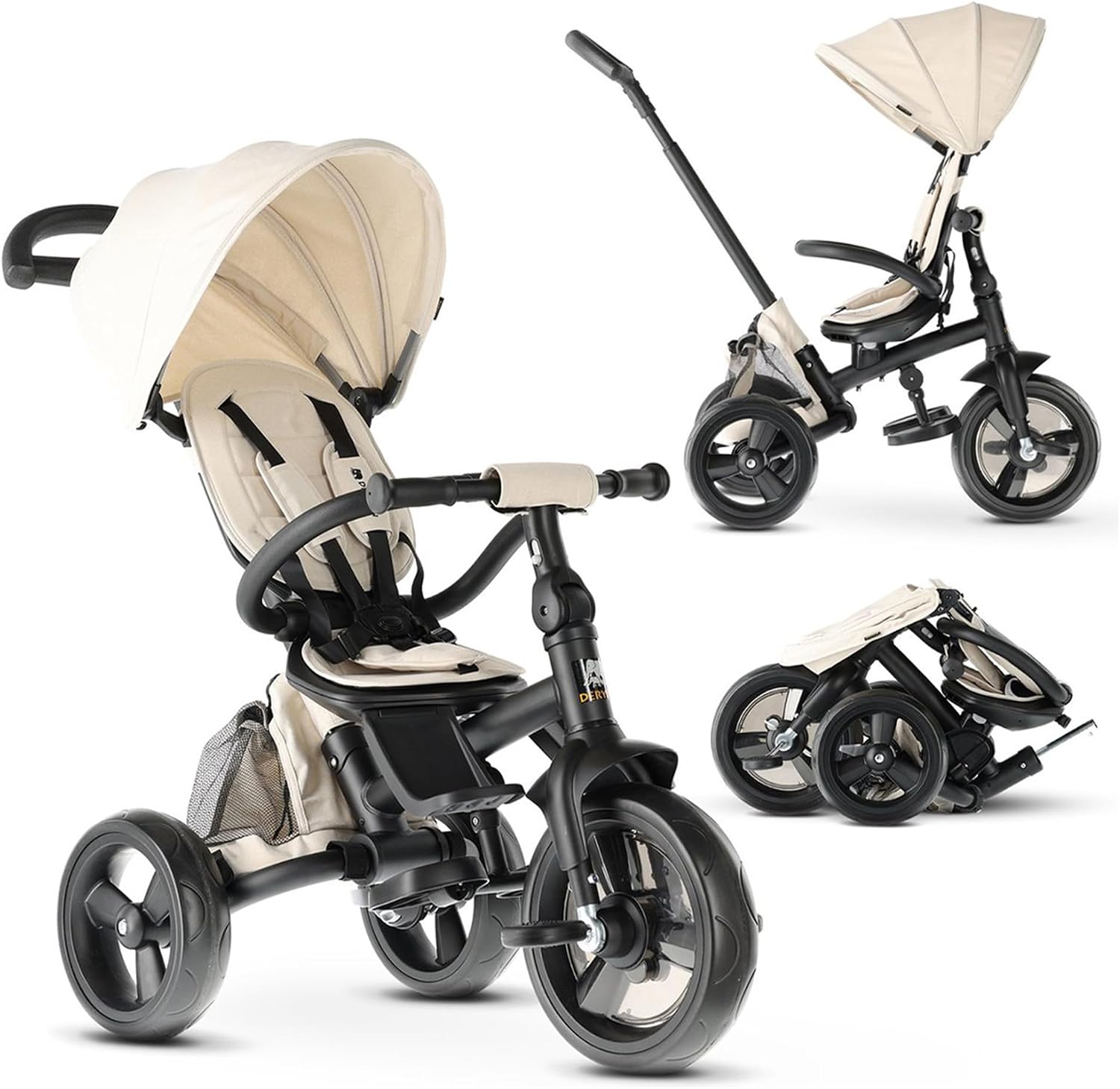 Deryan Explorer Triciclo da 9 Mesi fino a 25 kg – Triciclo per Bambini con Maniglione di Spinta – Sedile Girevole – Tettuccio Estensibile con Protezione Solare - Crema