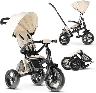 Deryan Explorer Dreirad ab 9 Monate bis 25 kg - Kinderdreirad mit schubstange - Kompakte zusammenklappen - drehbarer Sitz Vorwärts und Rückwärtsfahrt - ausklappbarem Verdeck mit Sonnenschutz - Creme