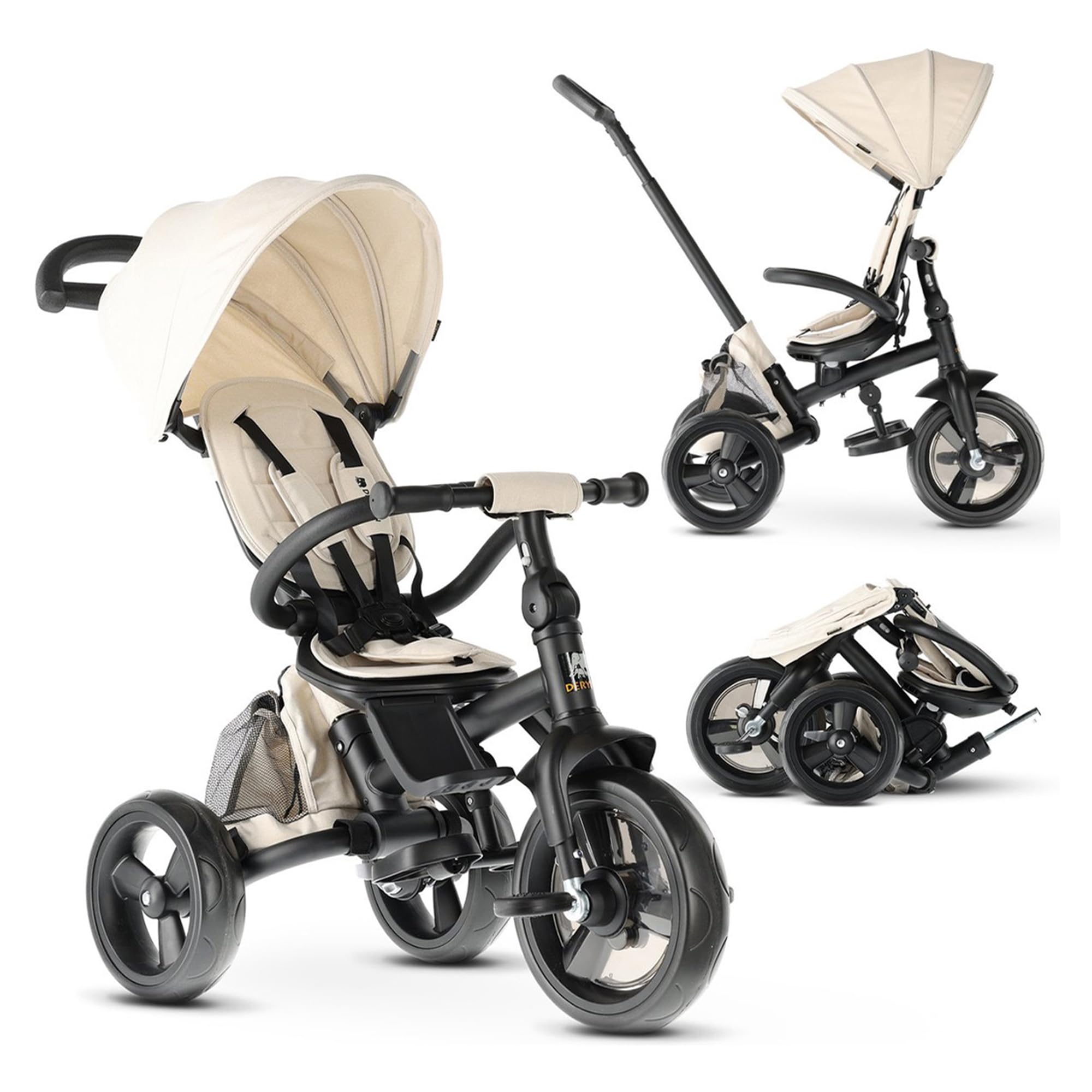 Deryan Explorer Tricycle for 9 Months to 25 kg (9 months - 4 years) - Foldable - Kids Trike with Push Handle - Swivel Seat - Foldable Canopy with Sun Protection - Nougat