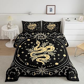 Boho Snake Printed Comforter Set Full Size,Sun and Moon Quilt Set 3Pcs,Starry Sky Galaxy Cloud Bedding Set for Kids Boys Girls Woman Bedroom Decor Gothic Black Gold Duvet Insert,2 Pillowcases