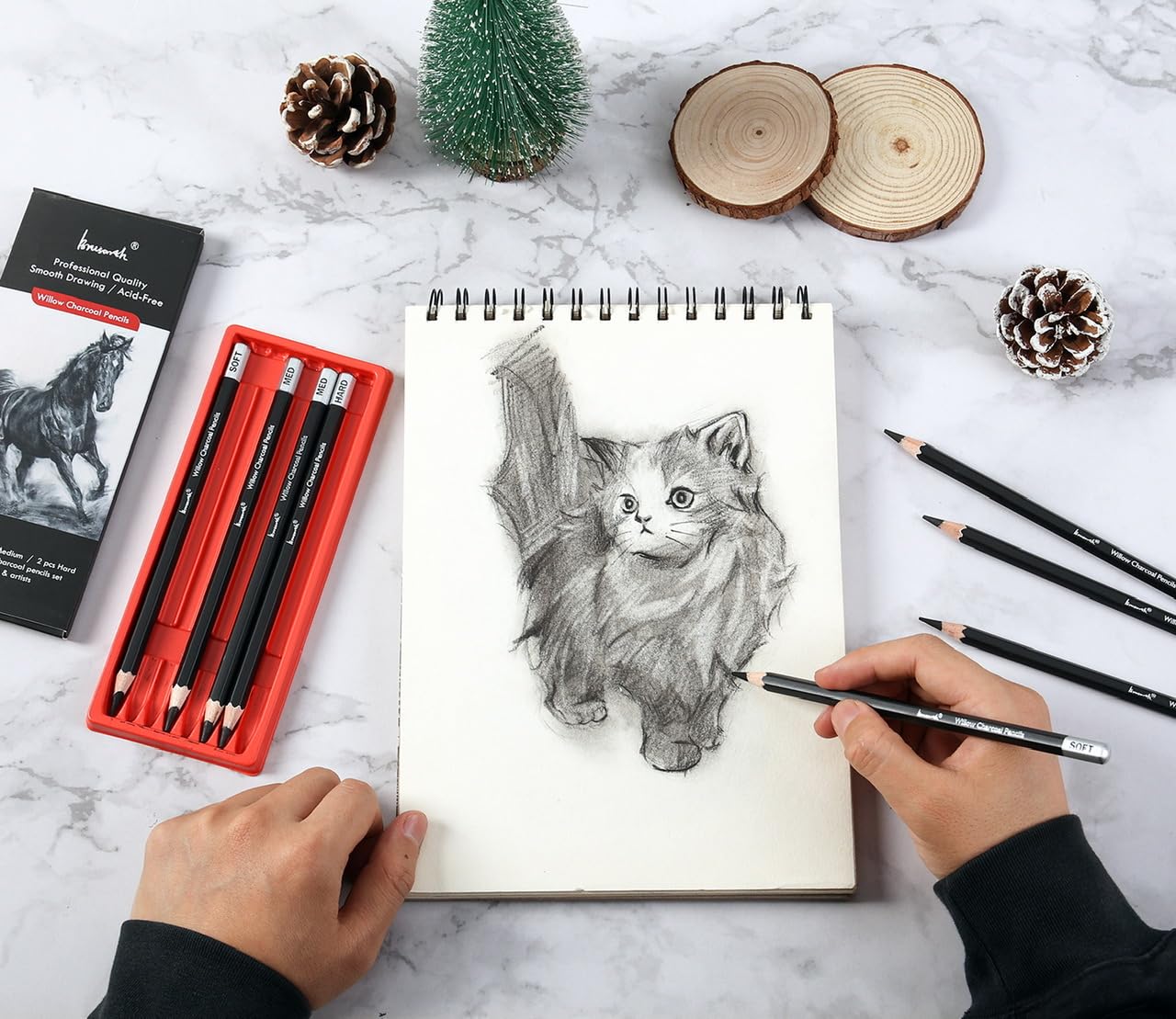 Brusarth Professional Charcoal Pencils Drawing Set - 8 Pieces Soft Medium and Hard Willow Charcoal Pencils for Drawing, Sketching, Shading - Image 6