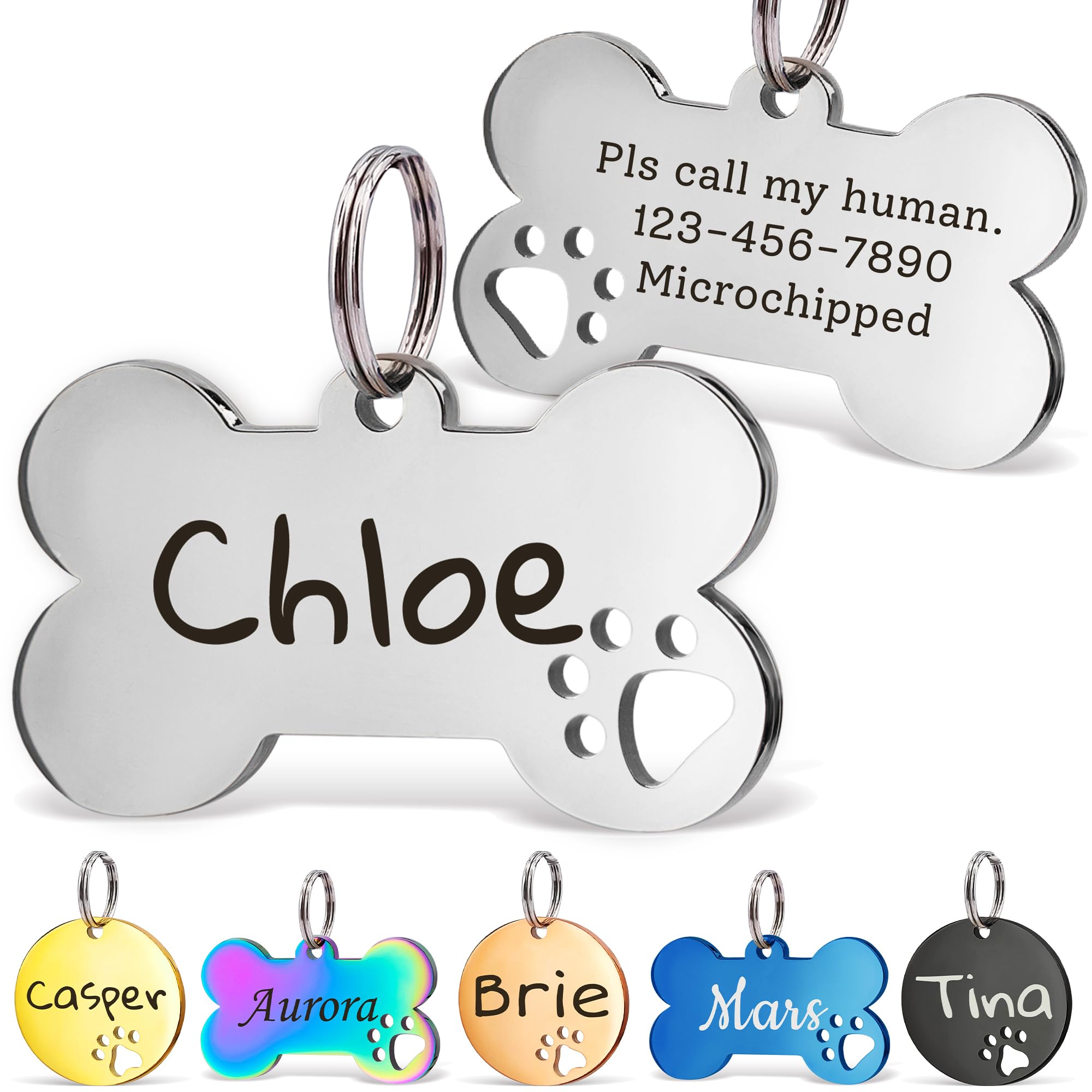 Anavia Paw Print Pet ID Tags, S/M/L Personalized Color Plated Stainless Steel Cat Dog Tags, Customized Engraved Glossy Dog Name Tag Pet Collar Tag (
