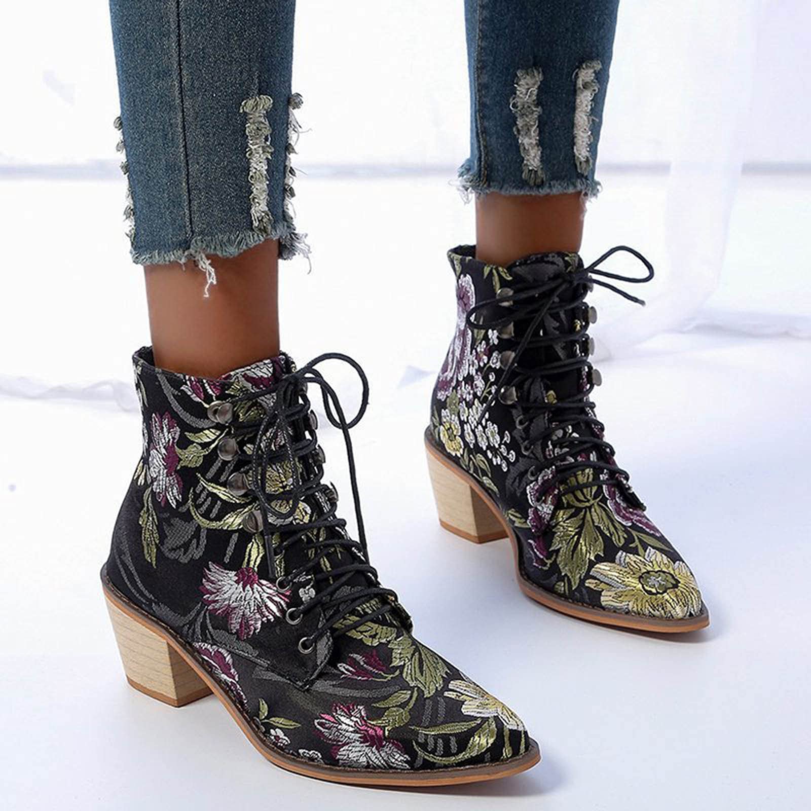 Vintage Stiefeletten StiefelLederDamen Absatz Chunky Heel Floral Ankle Boots Fashion Lace-up Print Damen Damenstiefel Kurzschaft Sommerstiefeletten