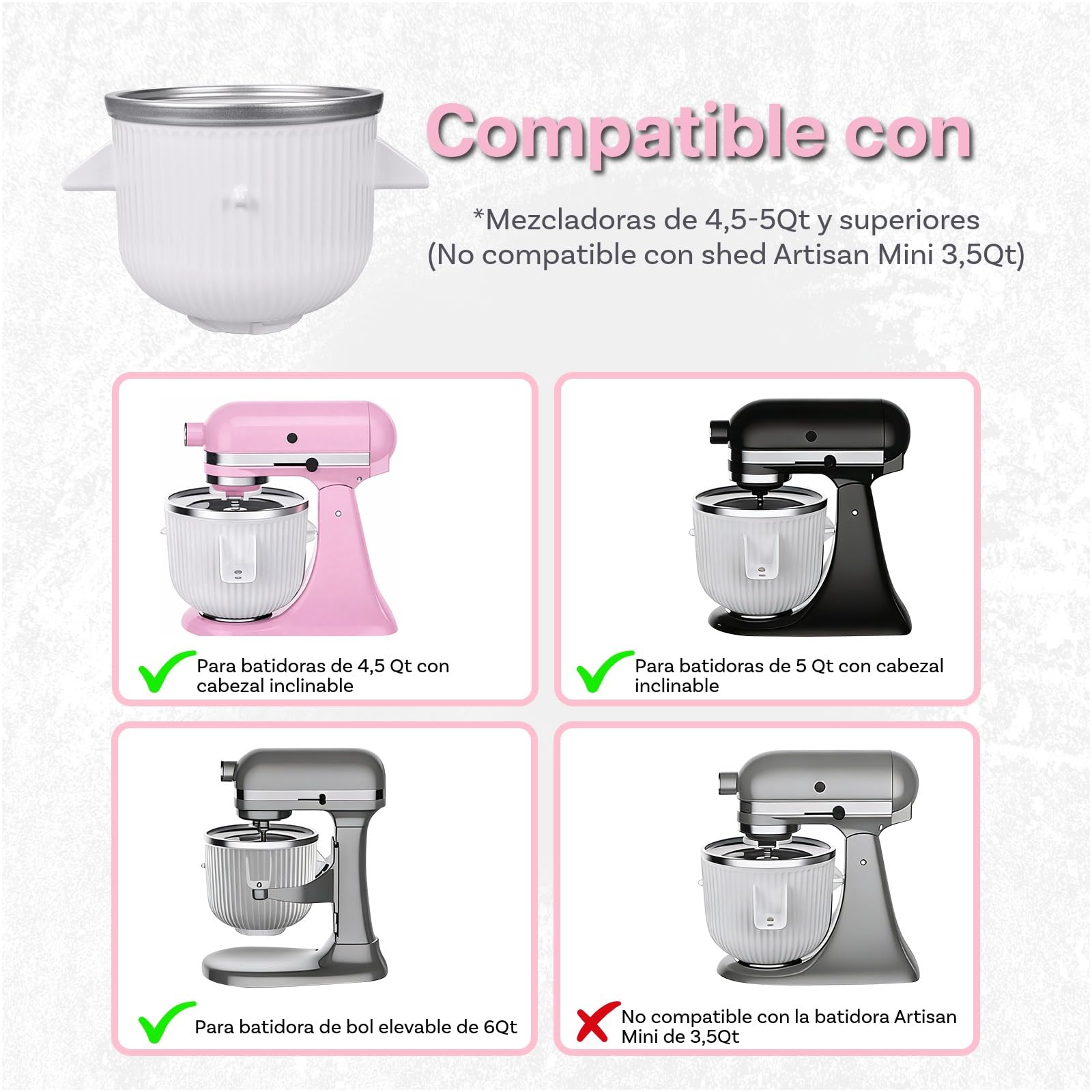 Accesorio para Máquina de Helados para KitchenAid Batidora – Compatible con Modelos 4.5QT, 5QT y 6QT Tilt-Head y Bowl-Lift – Cuenco de 1.9L para Helado, Sorbete, Gelato y Yogurt Congelado