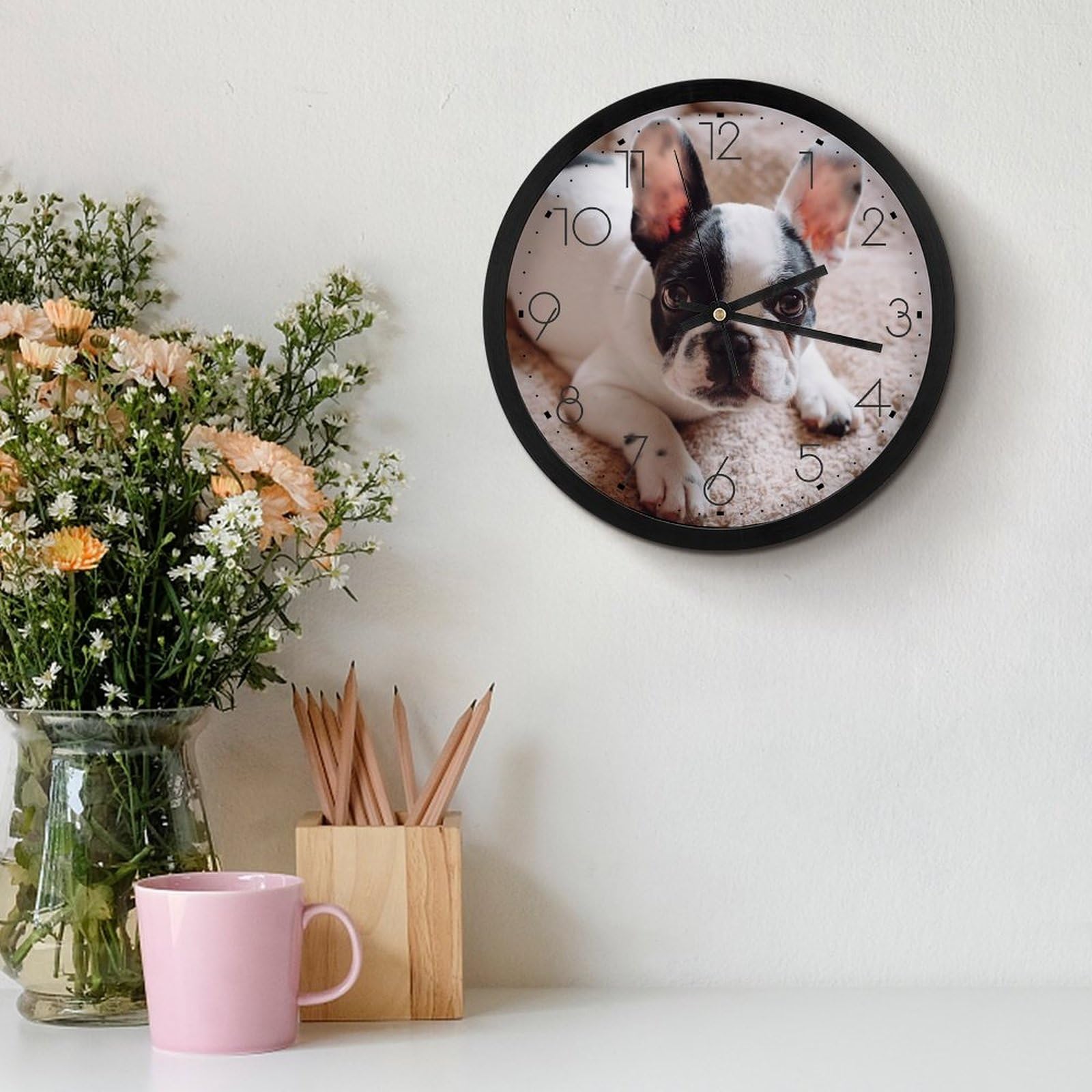 Amazon.co.jp: 白黒の子犬のフレンチブルドッグ 掛け時計