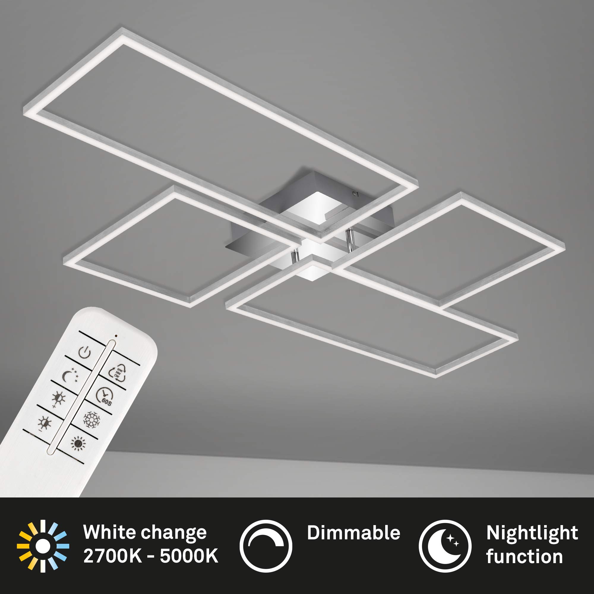 BRILONER - LED Deckenlampe mit Fernbedienung, dimmbar, einstellbar von warmweiß bis neutralweiß, LED Lampe, Deckenleuchte, Wohnzimmerlampe, Schlafzimmerlampe, Küchenlampe, 110x54x9,8 cm, Chrom-Alu