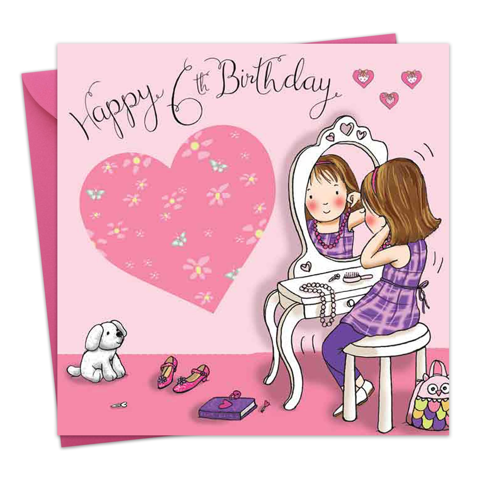 Twizler 6th Birthday Card For Girl with Dressing Table - Age 6 Birthday Card - Age 6 Card - Age 6 Girls Gifts - Childrens Birthday Card - Girls