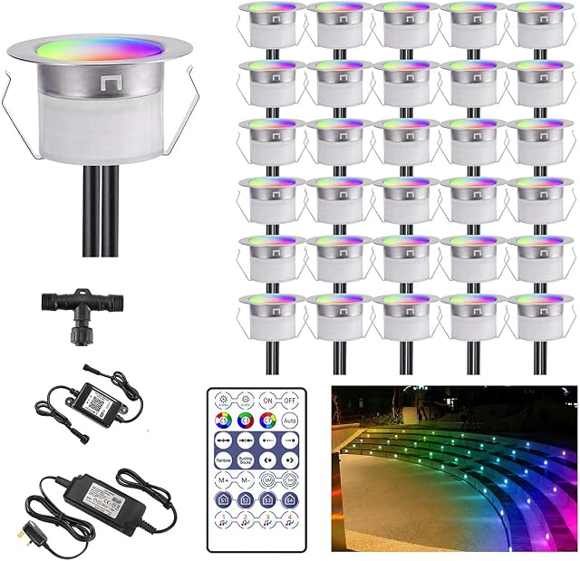 LED Decking Lights RGB WiFi Multicolor Chasing Effect Waterproof IP67 Timing Music Sync Ø45MM DC12V Work with Alexa/Google Home Recessed Deck Lights for Terrace/Steps/Path/Kitchen/Garden-30 Pack