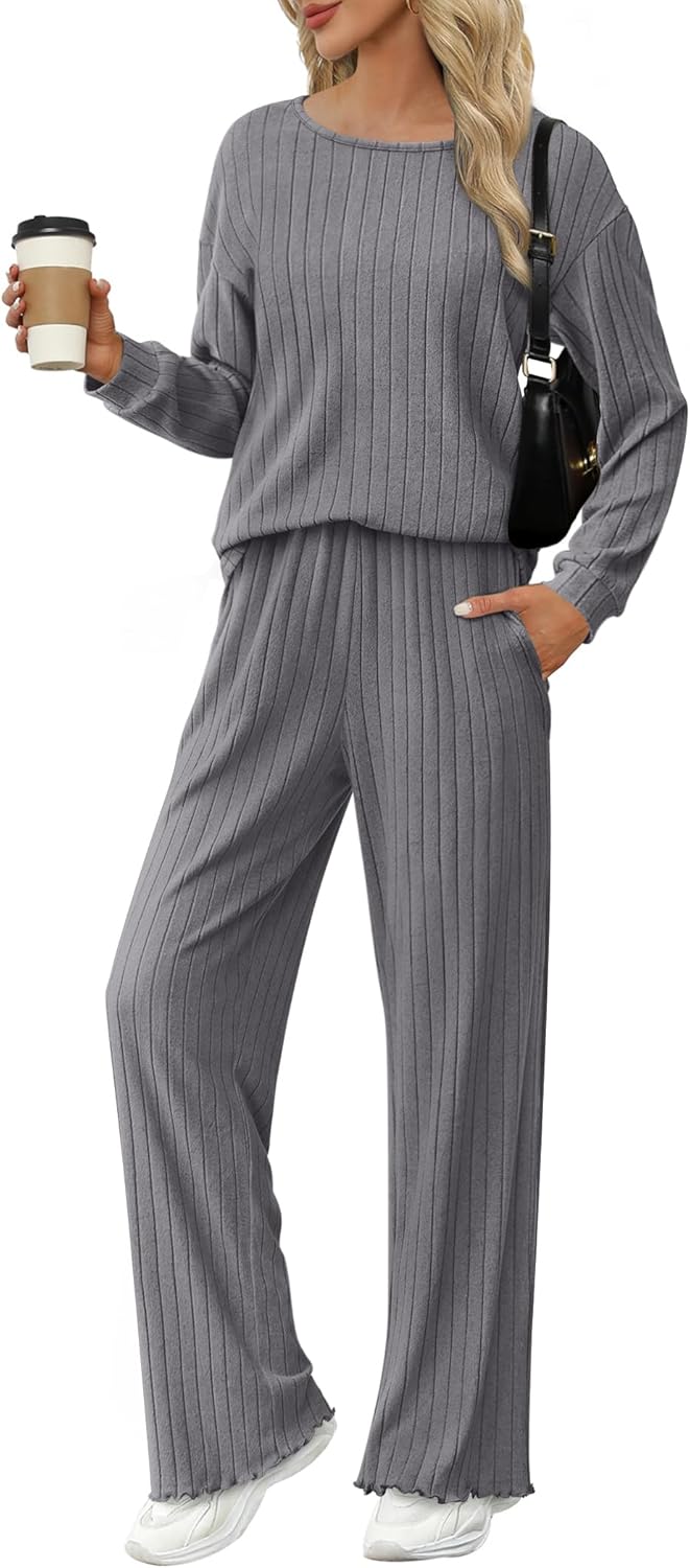 Ekouaer Lounge Sets for Women Comfy Ribbed Knit Pajamas Fall Long Sleeve Sleepwear 2 Piece Casual Loungewear,S-XXL