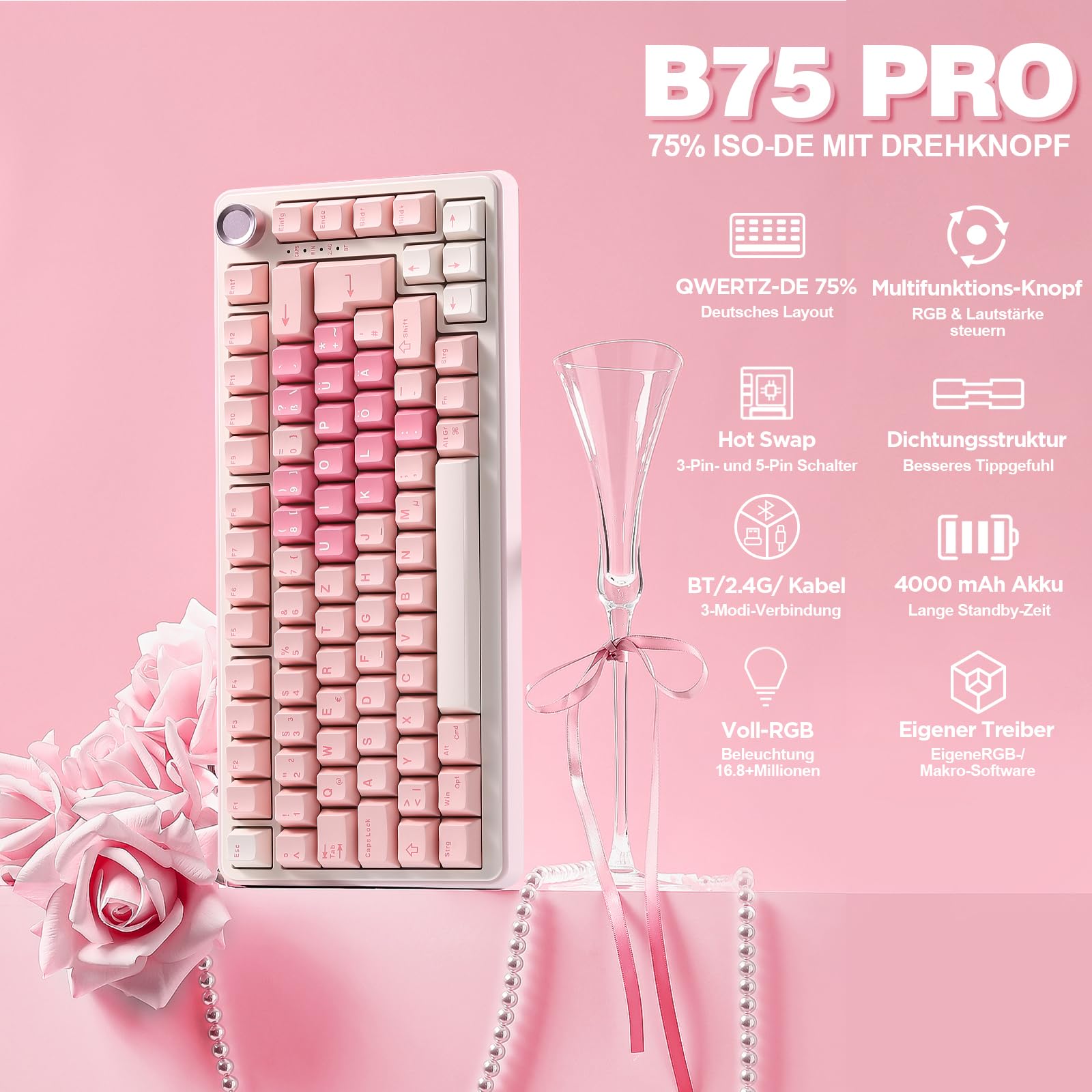 YUNZII B75 PRO ISO-DE Teclado mecánico para juegos, 75% disposición QWERTZ (DE) con botón giratorio, BT5.0/2.4GHz/USB-C, interruptor prelubricado, RGB para Win/Mac/PC (rosa, interruptor de leche)