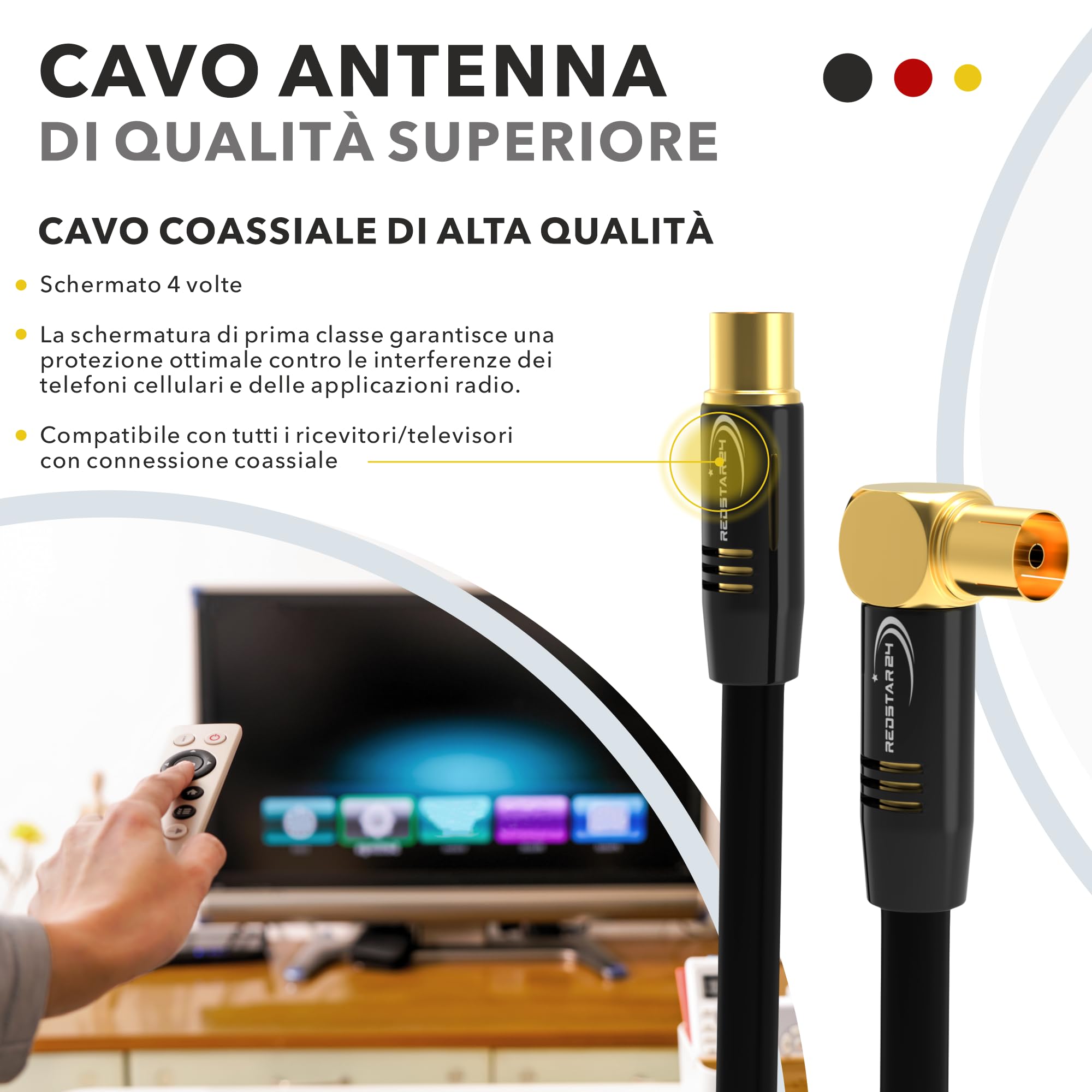 RedStar24 Cavo Antenna 3m Nero - Maschio a Femmina 90° Angolato Coassiale - Cavo Coassiale HDTV Premium per la TV via cavo | Cavo TV: Compatibile con TV, Radio, DVB-T/T2, DVB-C, DAB