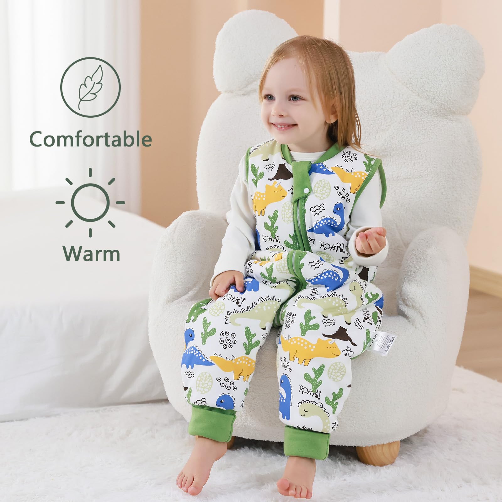 MIKAFEN Bambini Sacco nanna invernale con gambe 2,5 Tog,100% cotone,Sacco nanna con piedini,85-95 cm/18-36 mesi,Dinosauro verde