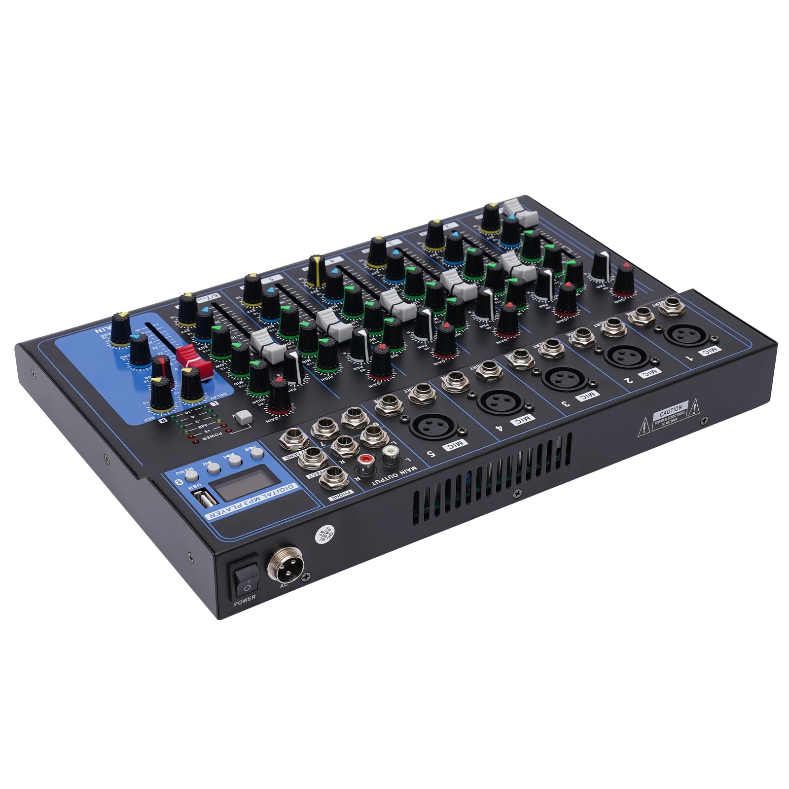 Mezclador de audio de 7 canales, consola de estudio en vivo, amplificador de consola DJ, adecuado para ordenadores, instrumentos musicales, micrófonos, cables y amplificadores, 33 x 23 x 3,7 cm, negro