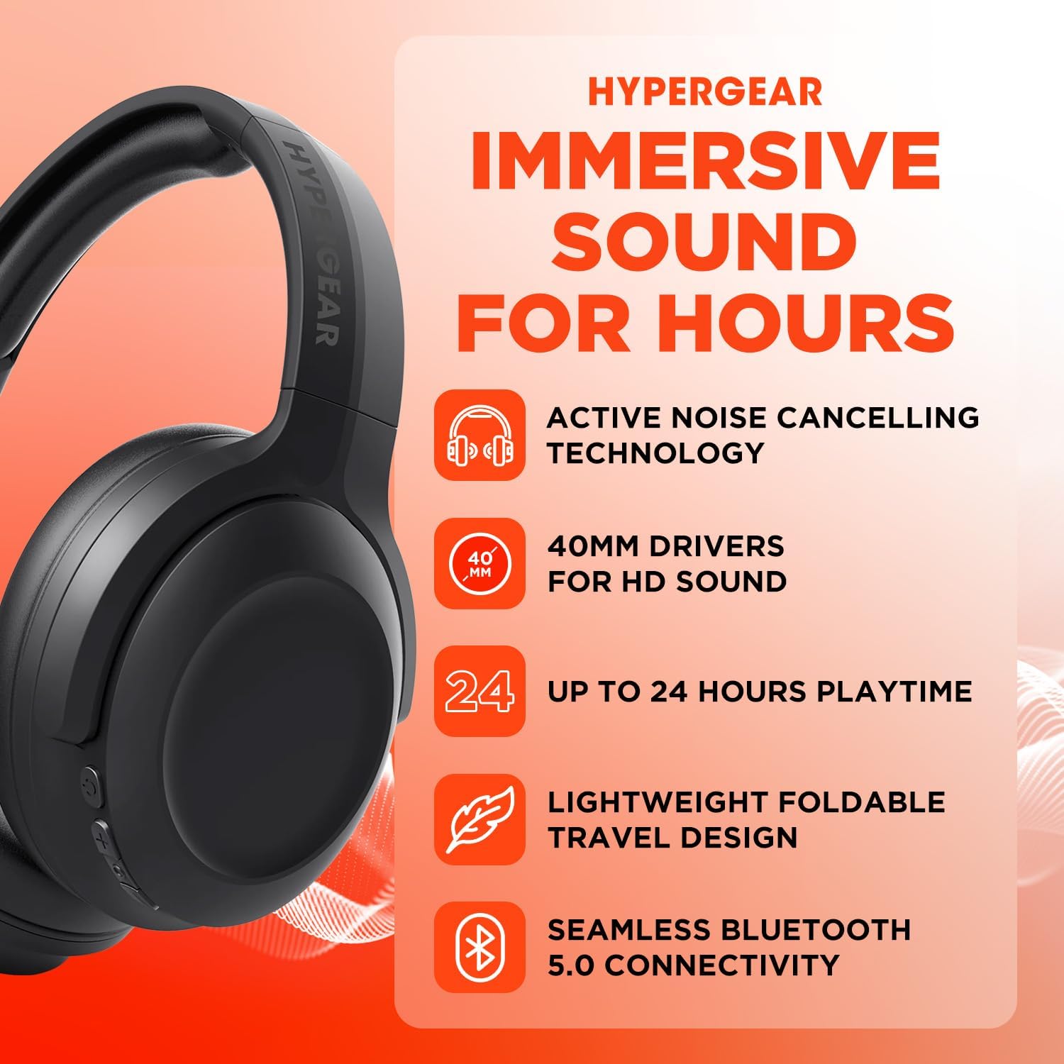 HyperGear Headphones Wireless - Black Active Noise Cancelling Headphones Over Ear Bluetooth HD Audio Deep Bass Dual Noise Canceling Mics ANC Gym Headphone Wireless Over Ear Sound Cancelling Foldable - Image 2