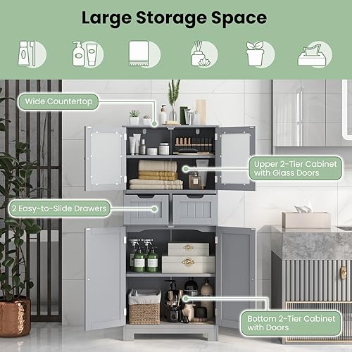 Miniatura 8 de LOKO Armario de baño, organizador de almacenamiento de lino con puertas y cajones, armario de piso de madera con estantes ajustables para baño, sala