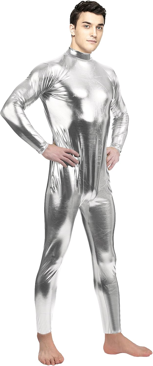 Aniler Men's and Women's Shiny Metallic Unitard Zipper Tight-fitting Stretchy Costume Bodysuit - Image 2