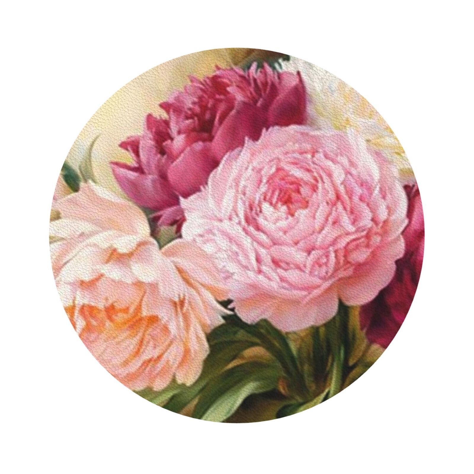 peony flowers blossom PU Leather Coasters Set of 6 Round Drink Coasters