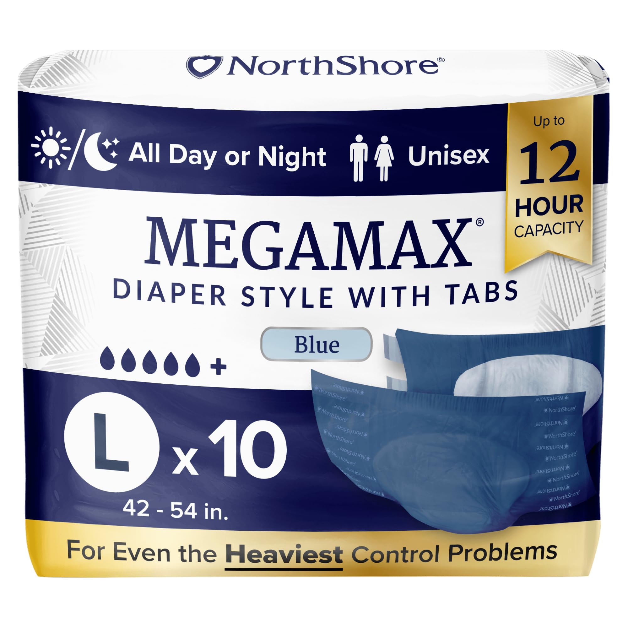 NorthShore MegaMax 12-Hour HBL Adult Diapers for Heavy Bladder Leaks, Large, 10 Count, Blue, 42-54 inches, Tab-Style Incontinence Underwear for Men,