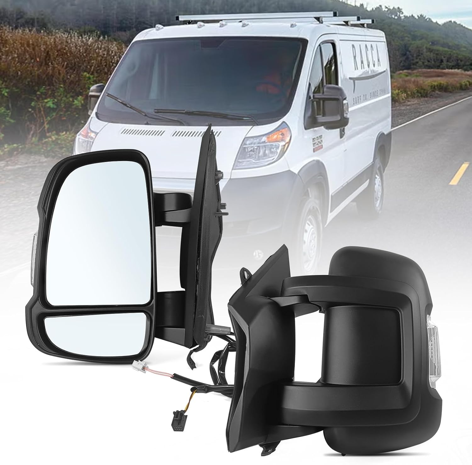 Left Driver Side Short Arm Mirror Assembly Fits 2014 to 2024 Ram Promaster 1500/2500/3500 Cargo Van with Temperature Sensor Turn Signal Manual Folding Replace CH1320417 5VE99JXWAB(2+2Pins)