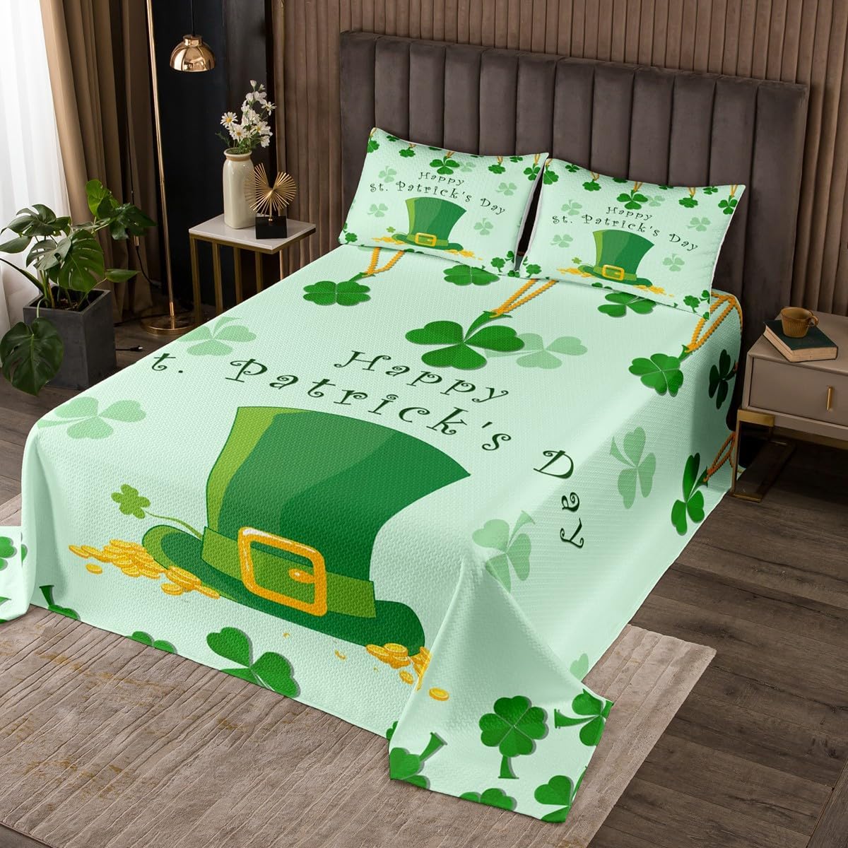 Homewish St. Patrick's Day Bedspread Queen Size Green Clover Leaves Print Comforter Set Spring Summer Plants Style Bedding Set for Kids Girls Boys Room Decor Soft Lightweight Quilt Set 3pcs