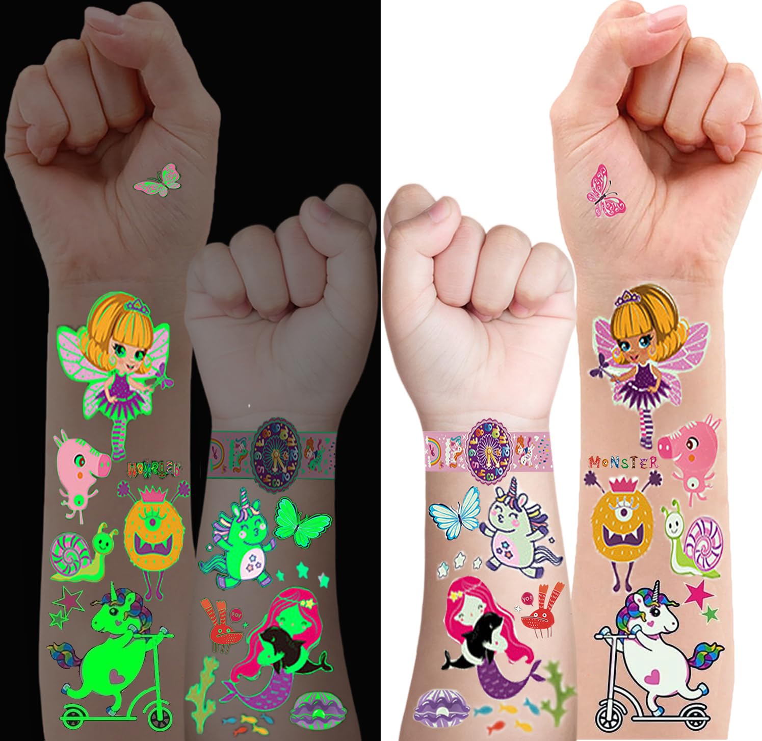 Niñas Luminoso Tatuajes Temporales, 35 Hojas Pegatinas Infantiles de Unicornio Sirena Mariposa Animales, Tatuajes Brillan Oscuridad Niños Niñas de Detalles Regalos Cumpleaños Colegio Relleno Fiesta