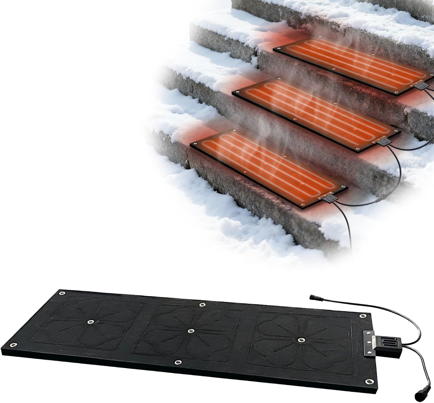 OEBLD Heated Snow Melting Mats for Outdoor Steps 10”X30”, 3in/h Melt Speed Mat for Stairs, Anti Slip Safety Self-Regulating Heating Ice Melt Mat, Durable & Waterproof for Winter(Without Plug)