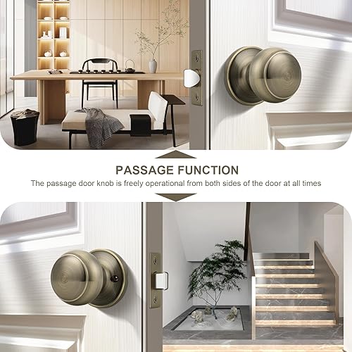 Miniatura 4 de Probrico Perillas redondas para puerta, cerradura de paso, latón antiguo para armario, pasillo, manija de paso, cerradura sin llave, paquete de 6